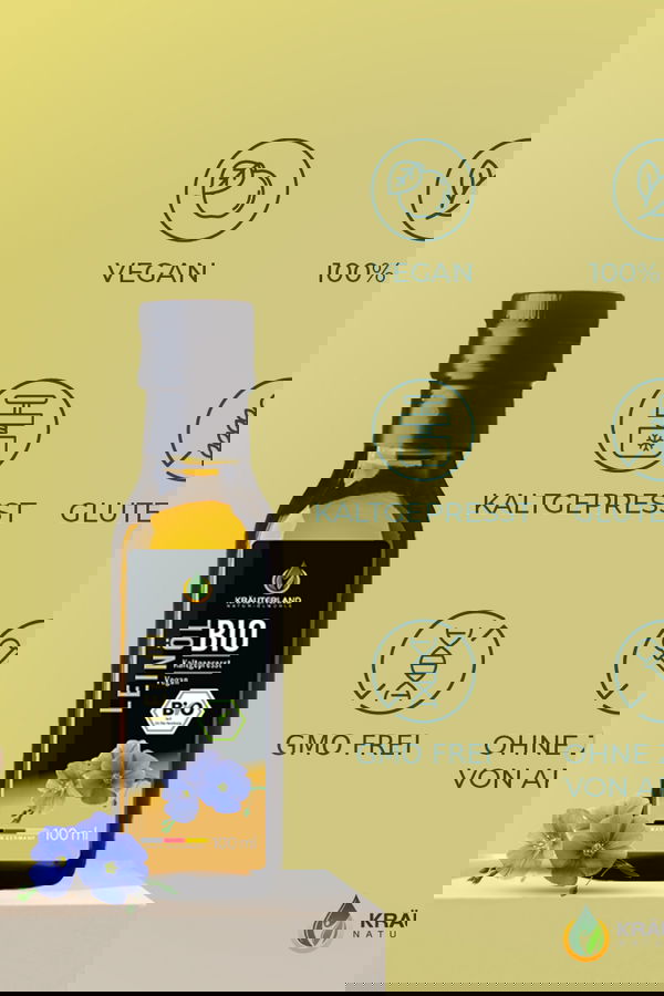 Bio Leinöl von Kräuterland mit Icons für vegan rein kaltgepresst glutenfrei gentechnikfrei und ohne Aromazusatz