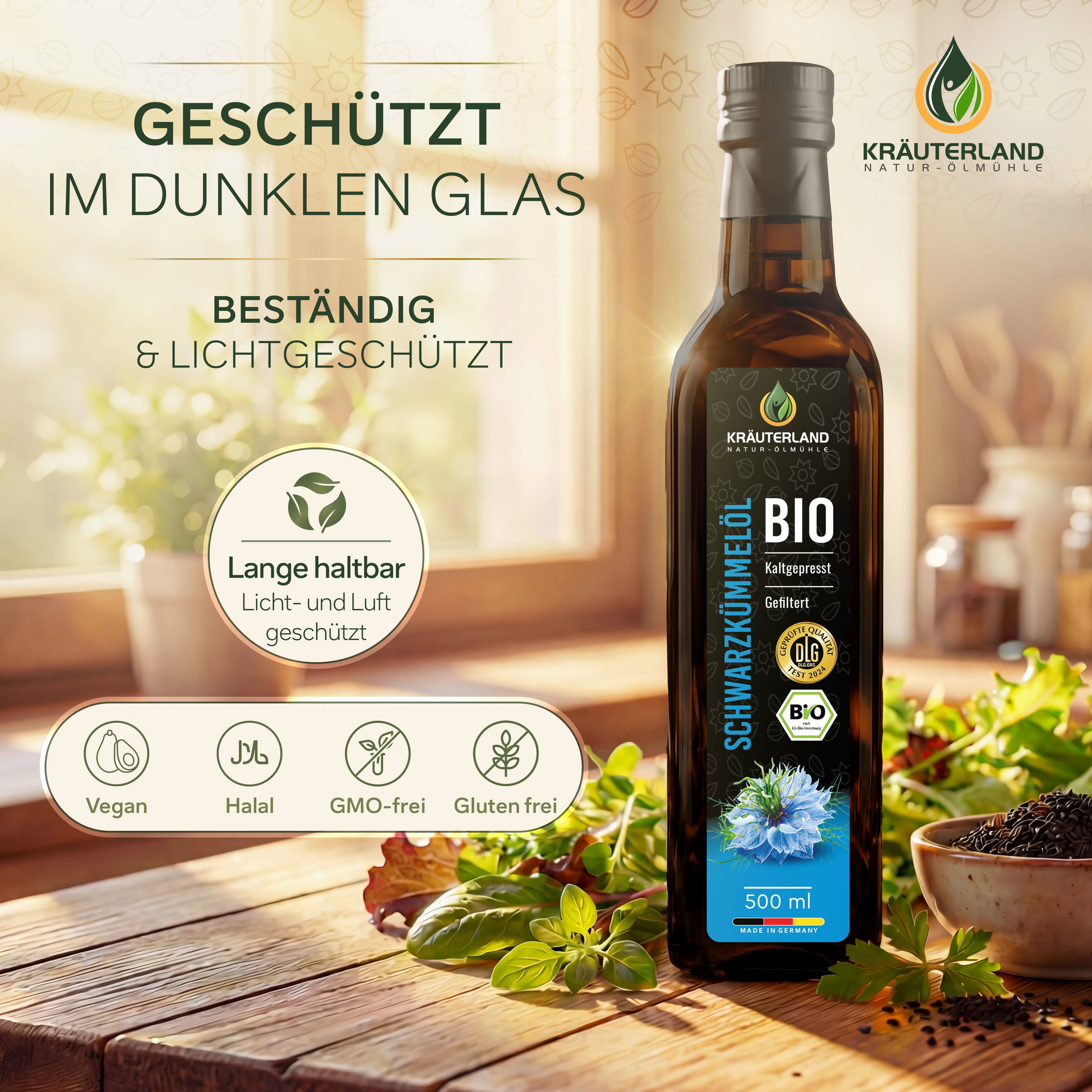Kräuterland Bio Schwarzkümmelöl gefiltert 500 ml in dunkler Glasflasche, licht- und luftgeschützt, vegan, halal, GMO-frei und glutenfrei