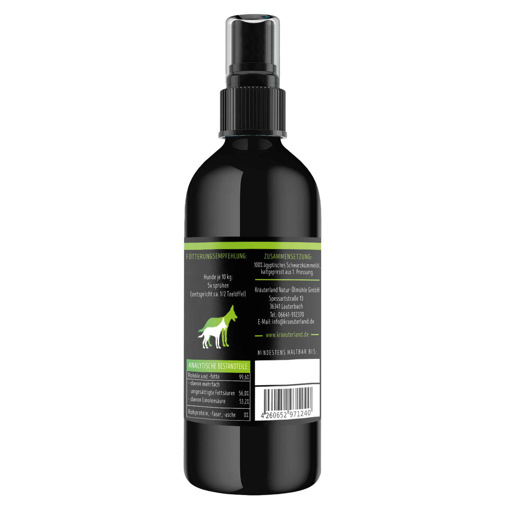 Schwarzkümmelöl für Hunde Spray mit 250 ml Seitenansicht