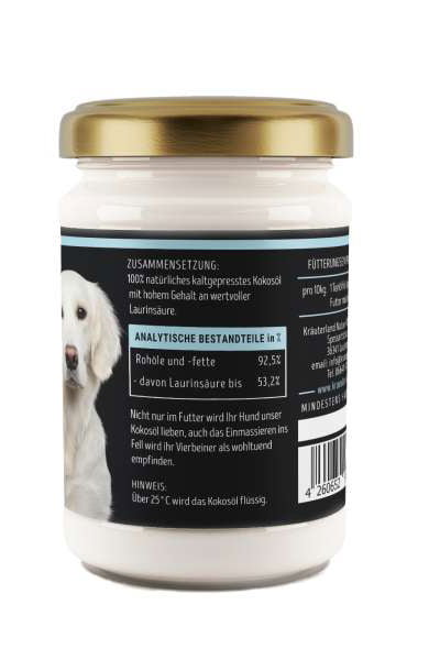 Seitenansicht von Kokosöl für Hunde mit Analytiche Bestandteile Seitenansicht von Kokosöl für Hunde mit Analytiche Bestandteile