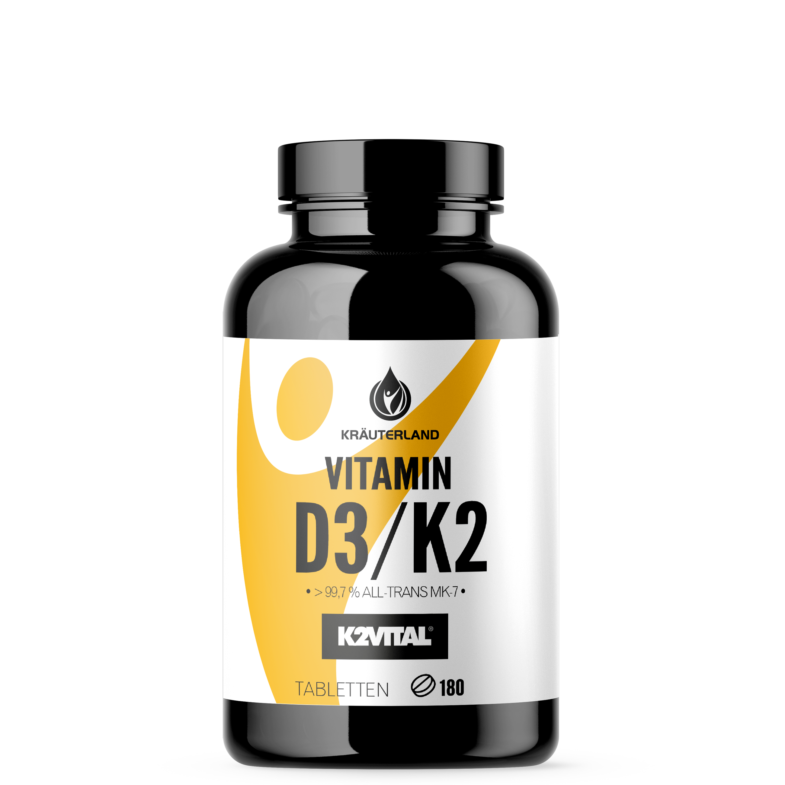 Kräuterland Vitamin D3 + K2 – Hochdosiert mit K2VITAL® All-Trans MK-7 (180 Tabletten) Vorderseite der Kräuterland Vitamin D3 + K2 Dose mit K2VITAL® Logo, 99,7 % All-Trans MK-7 und 180 Tabletten Inhalt.