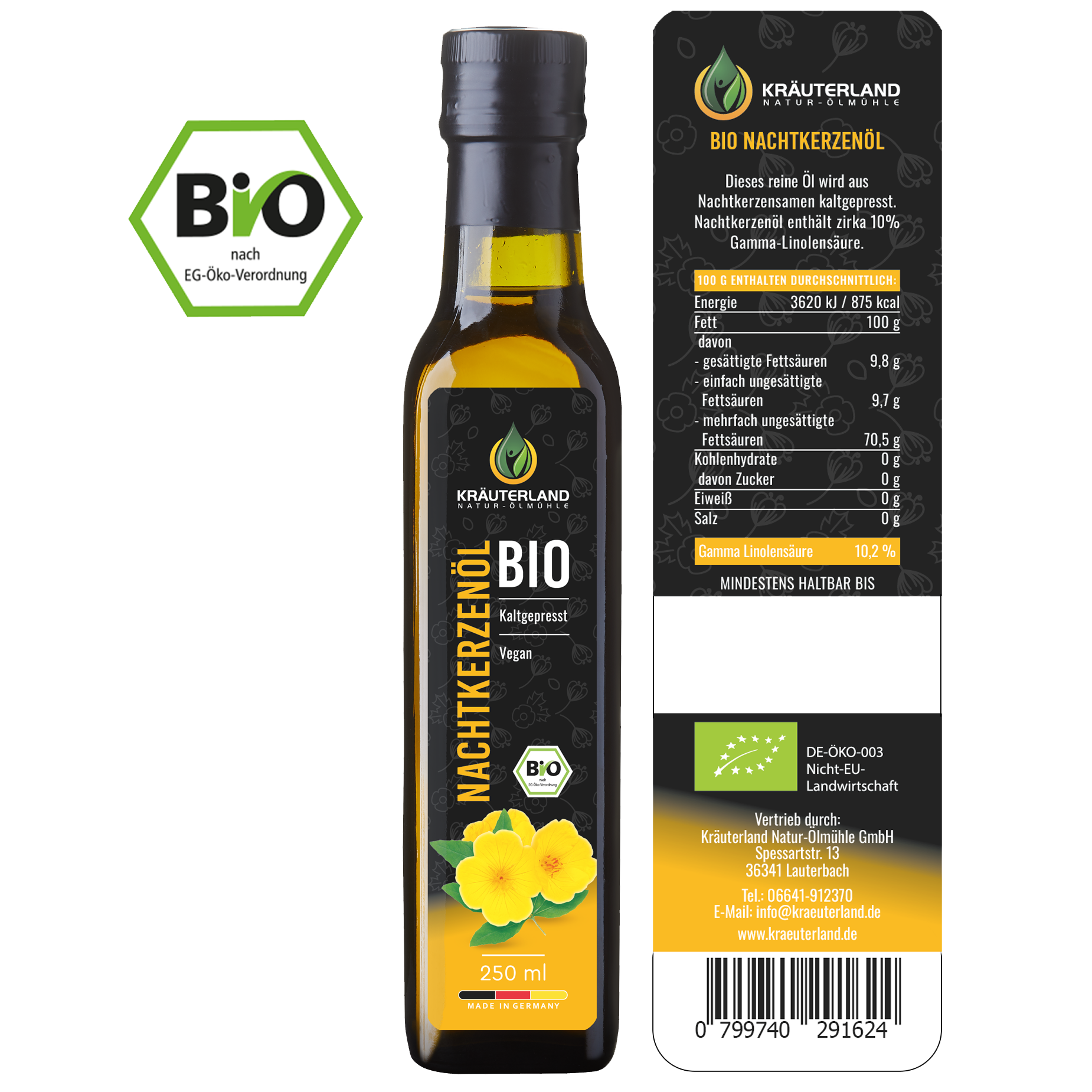 Bio Nachtkerzenöl 250 ml Rückseite mit Etikett