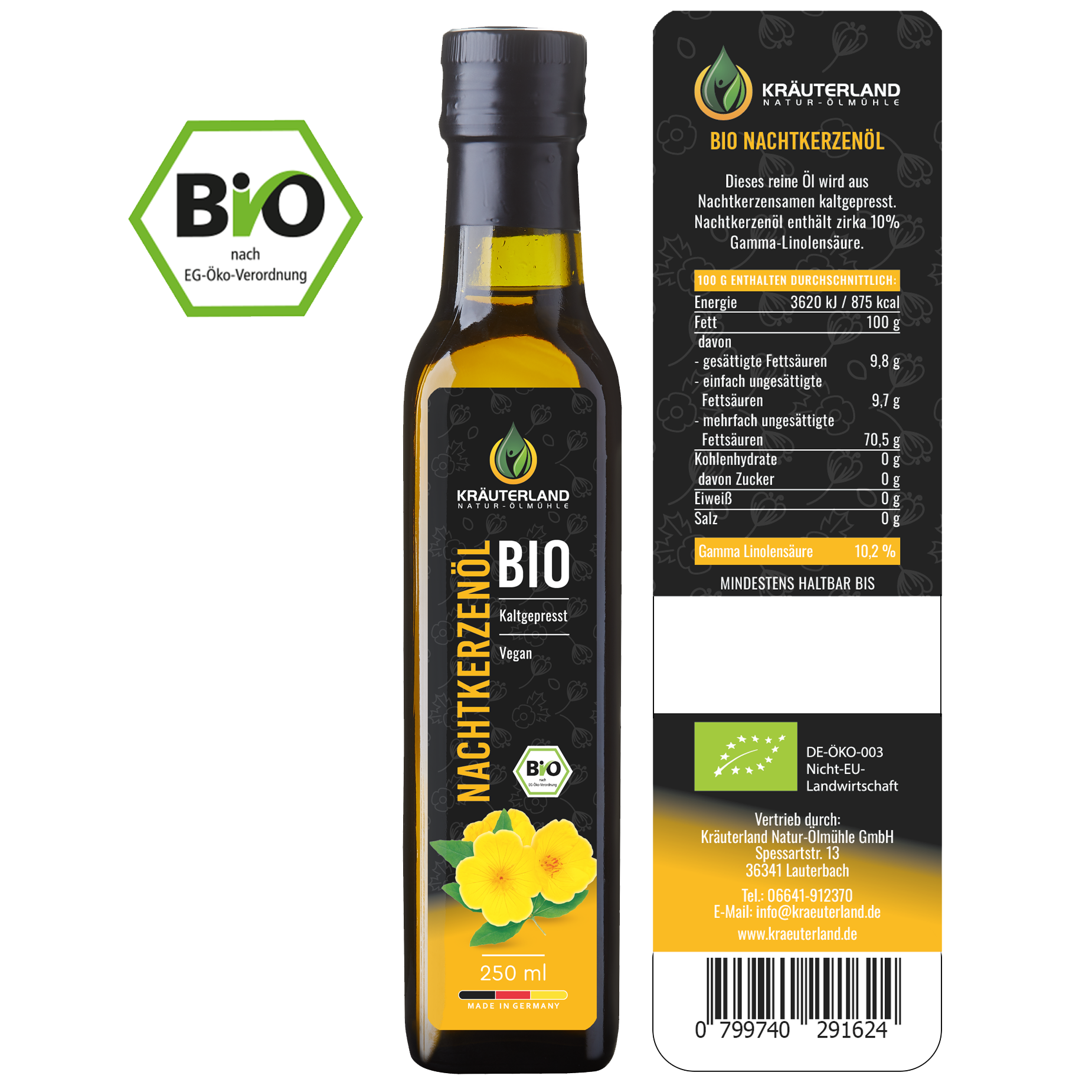 Bio Nachtkerzenöl 250 ml Rückseite mit Etikett Bio Nachtkerzenöl 250 ml Rückseite mit Etikett
