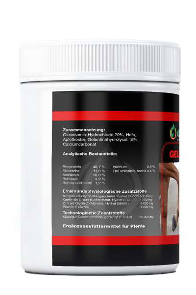 Seitenansicht von Gelenk Aktiv Pulver 1 kg für Pferde mit Angaben der Zusammensetzung Seitenansicht von Gelenk Aktiv Pulver 1 kg für Pferde mit Angaben der Zusammensetzung