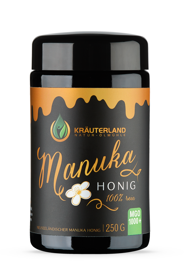 Glas Kräuterland Manuka Honig 1000+ MGO, 100 % reiner neuseeländischer Honig, 250 g – hochwertige Qualität aus der Natur-Ölmühle Kräuterland.