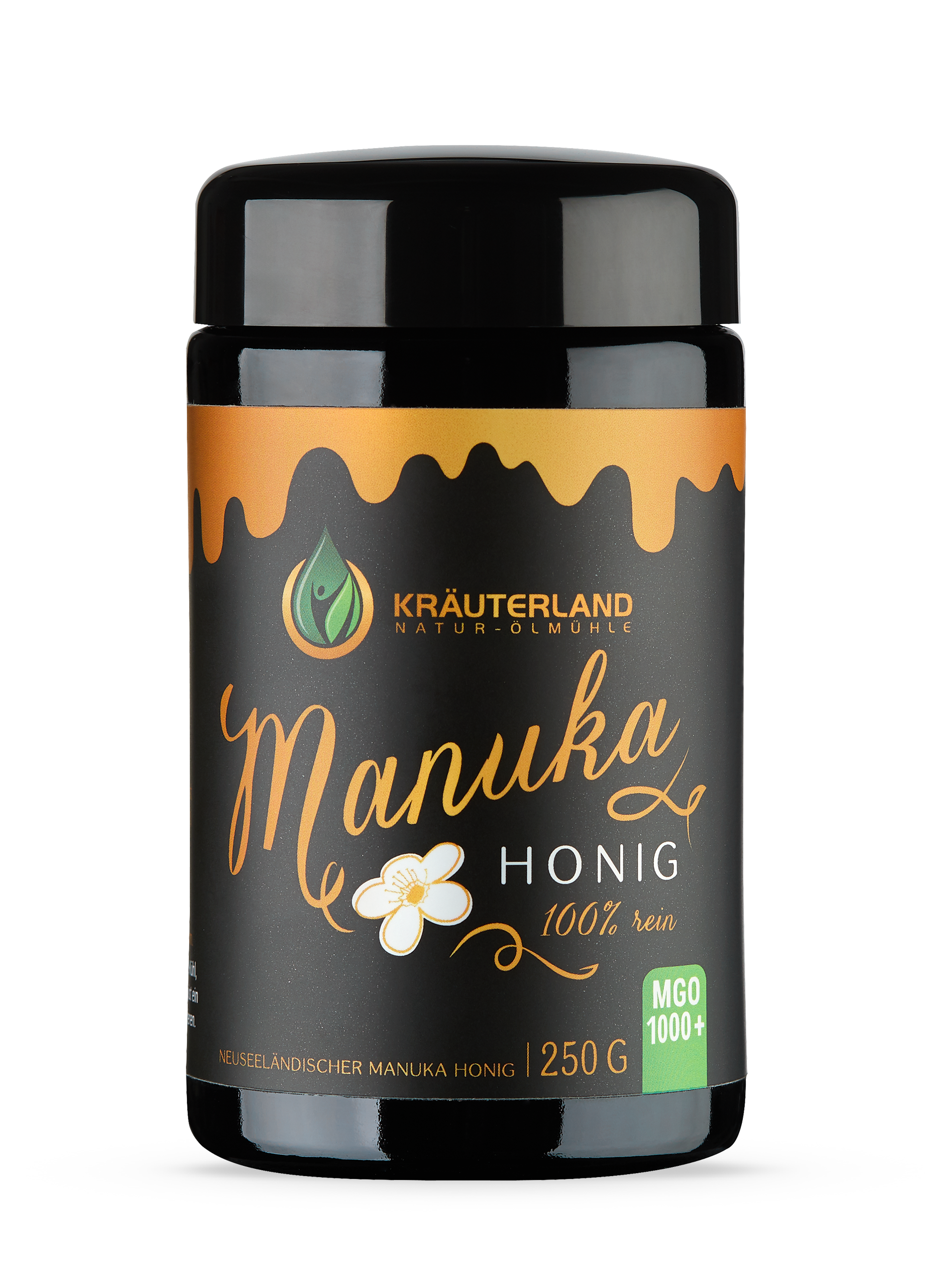 Kräuterland Manuka Honig MGO 1000+ – 100 % reiner neuseeländischer Honig (250 g) Glas Kräuterland Manuka Honig 1000+ MGO, 100 % reiner neuseeländischer Honig, 250 g – hochwertige Qualität aus der Natur-Ölmühle Kräuterland.