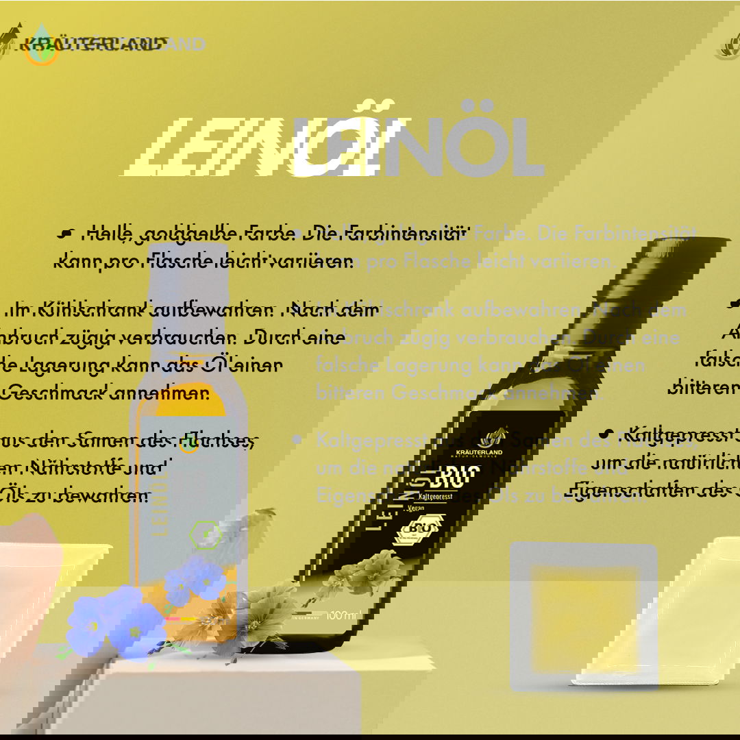 Bio Leinöl von Kräuterland mit Angaben zu Farbe Lagerung und kaltgepresster Herstellung