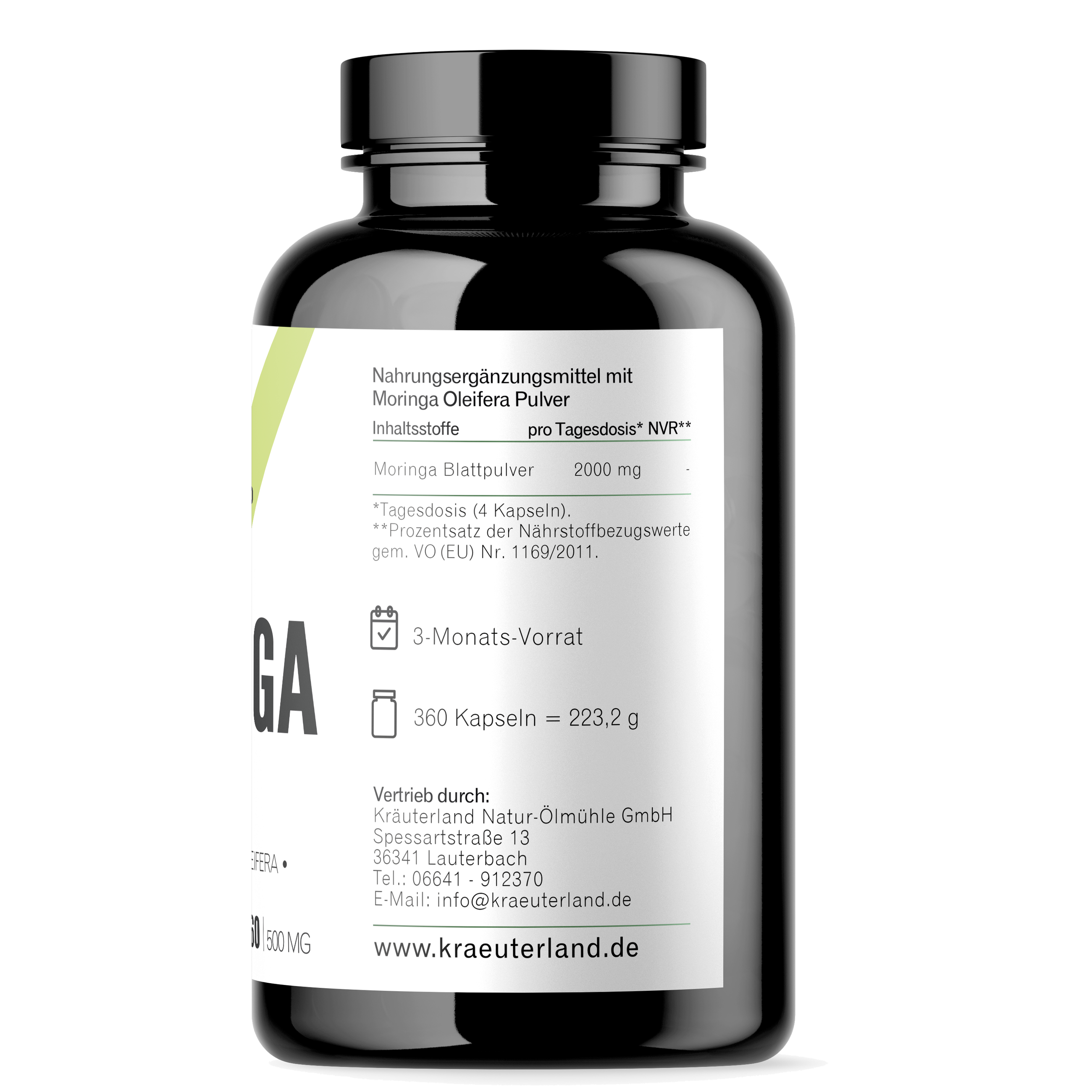 Moringa Kapseln 360 Stück Seitenansicht mit Nährwertangaben Moringa Kapseln 360 Stück Seitenansicht mit Nährwertangaben