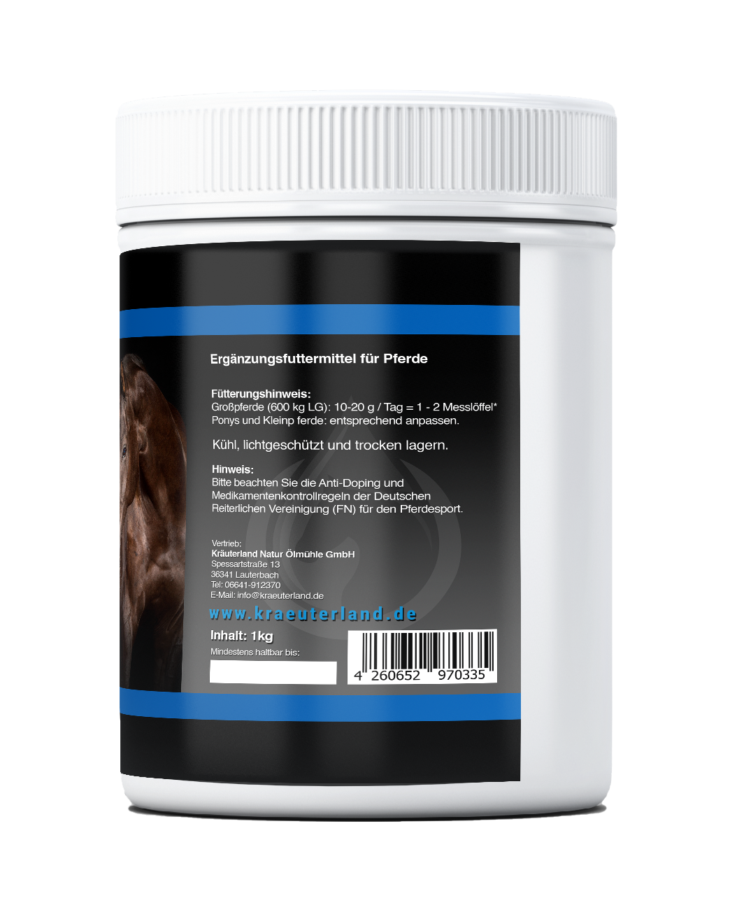 Seitenansicht von Relax Magnesium Pulver für Pferde 1 kg mit Herstellerangaben