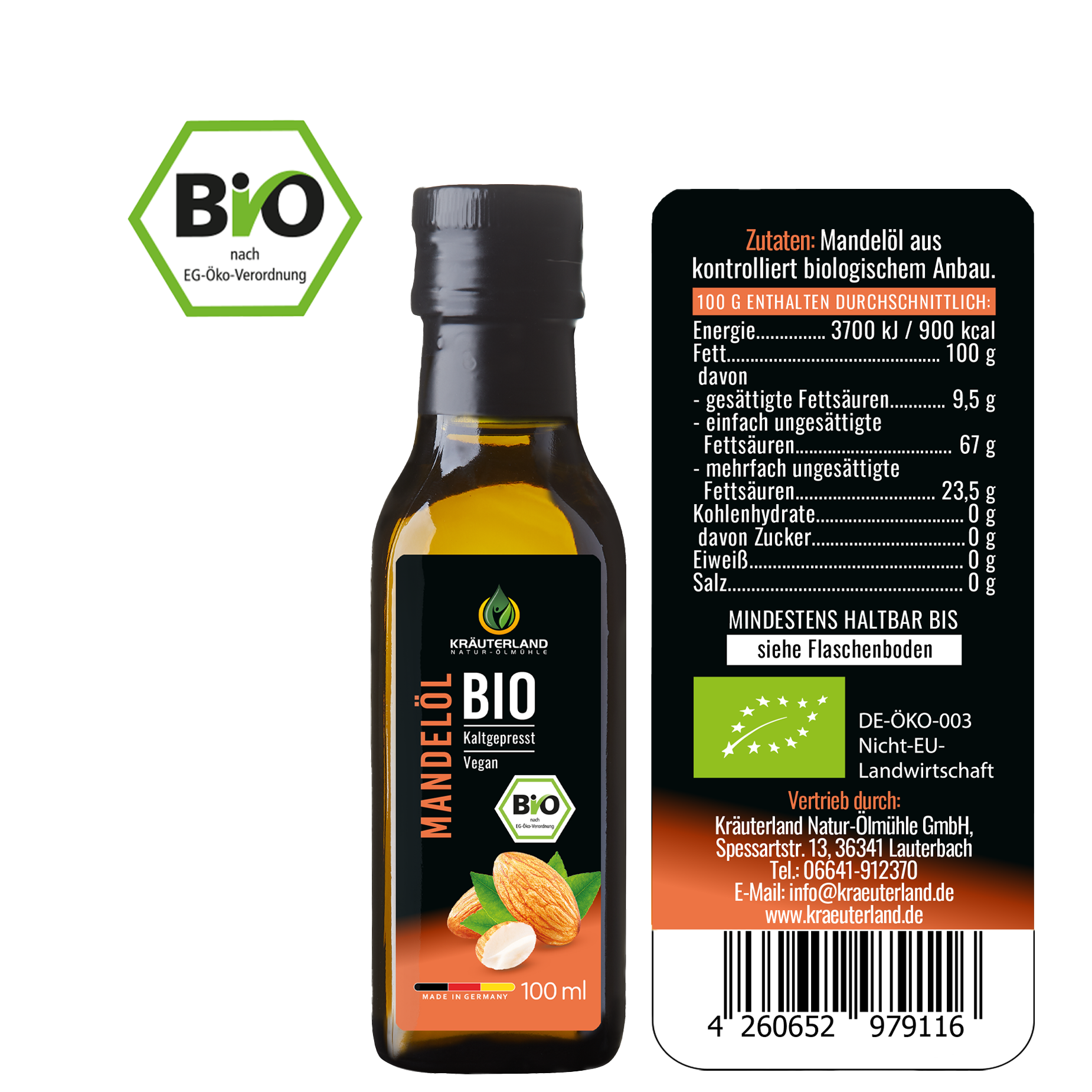 Rückseite des Kräuterland Bio Mandelöls mit Zutatenliste Nährwertangaben und Bio Kennzeichnung