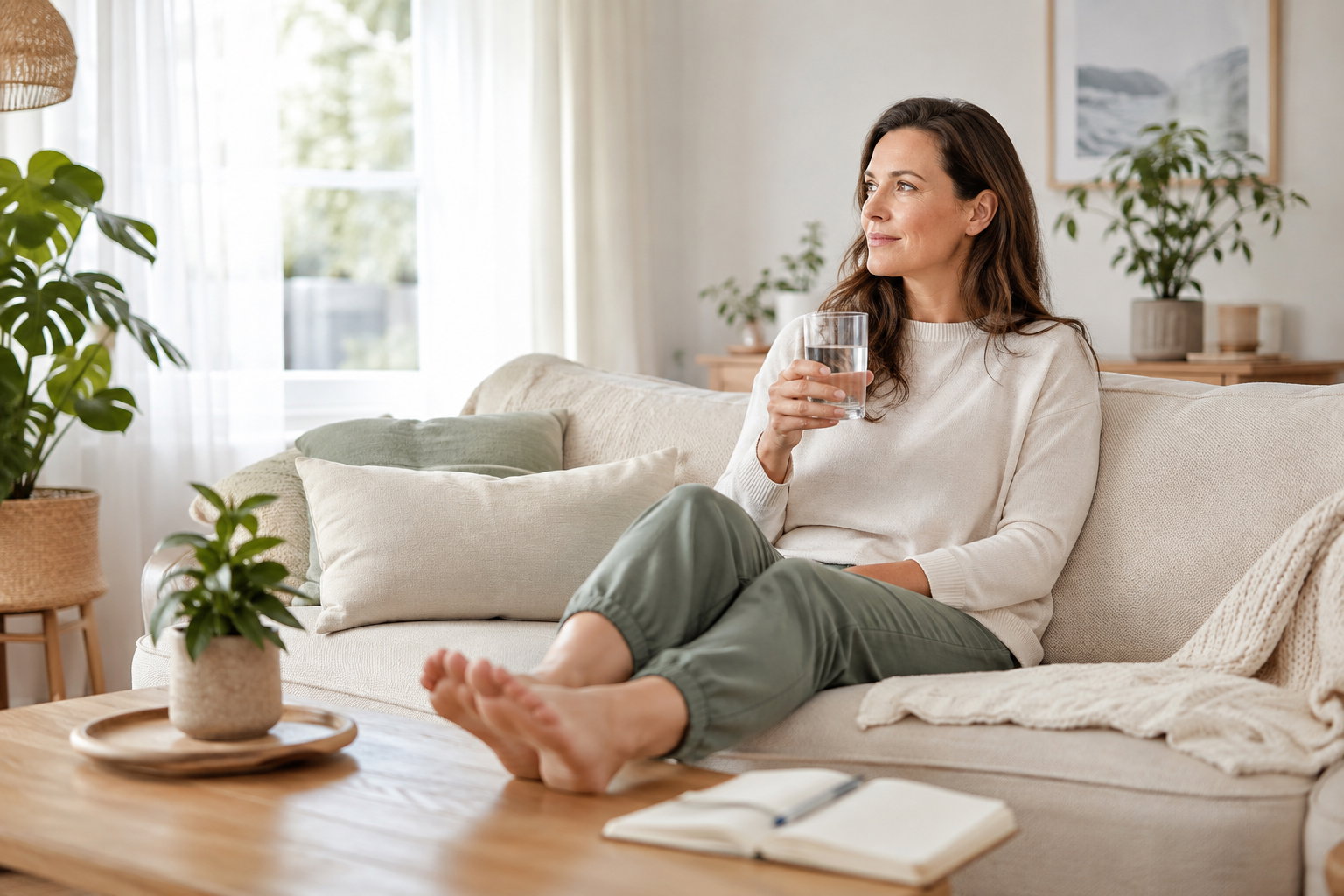Frau sitzt auf dem Sofa und hält ein Glas Wasser in der Hand