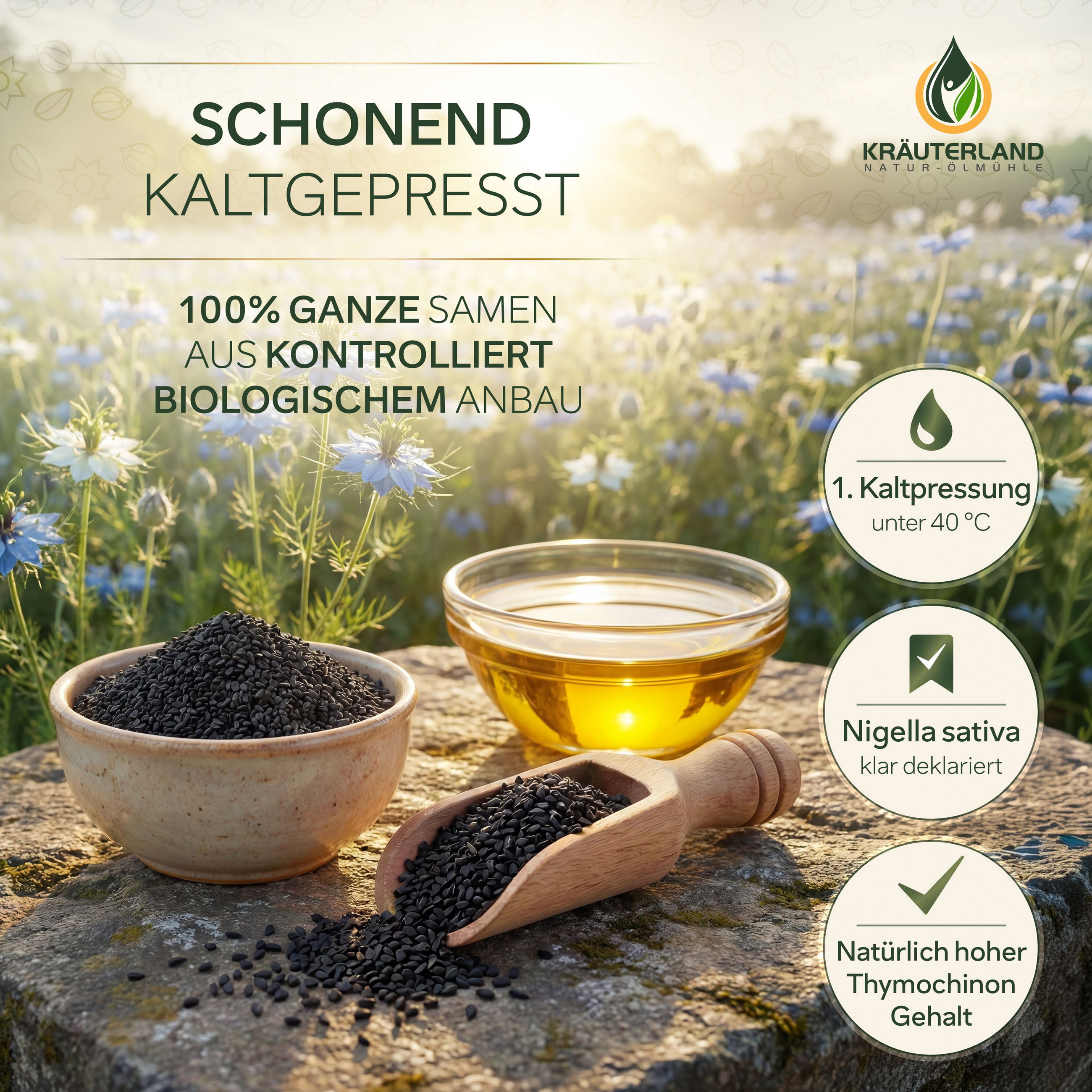 Schonend kaltgepresstes Bio Schwarzkümmelöl gefiltert Gefiltertes Bio Schwarzkümmelöl von Kräuterland, schonend kaltgepresst aus ganzen Nigella sativa Samen aus kontrolliert biologischem Anbau