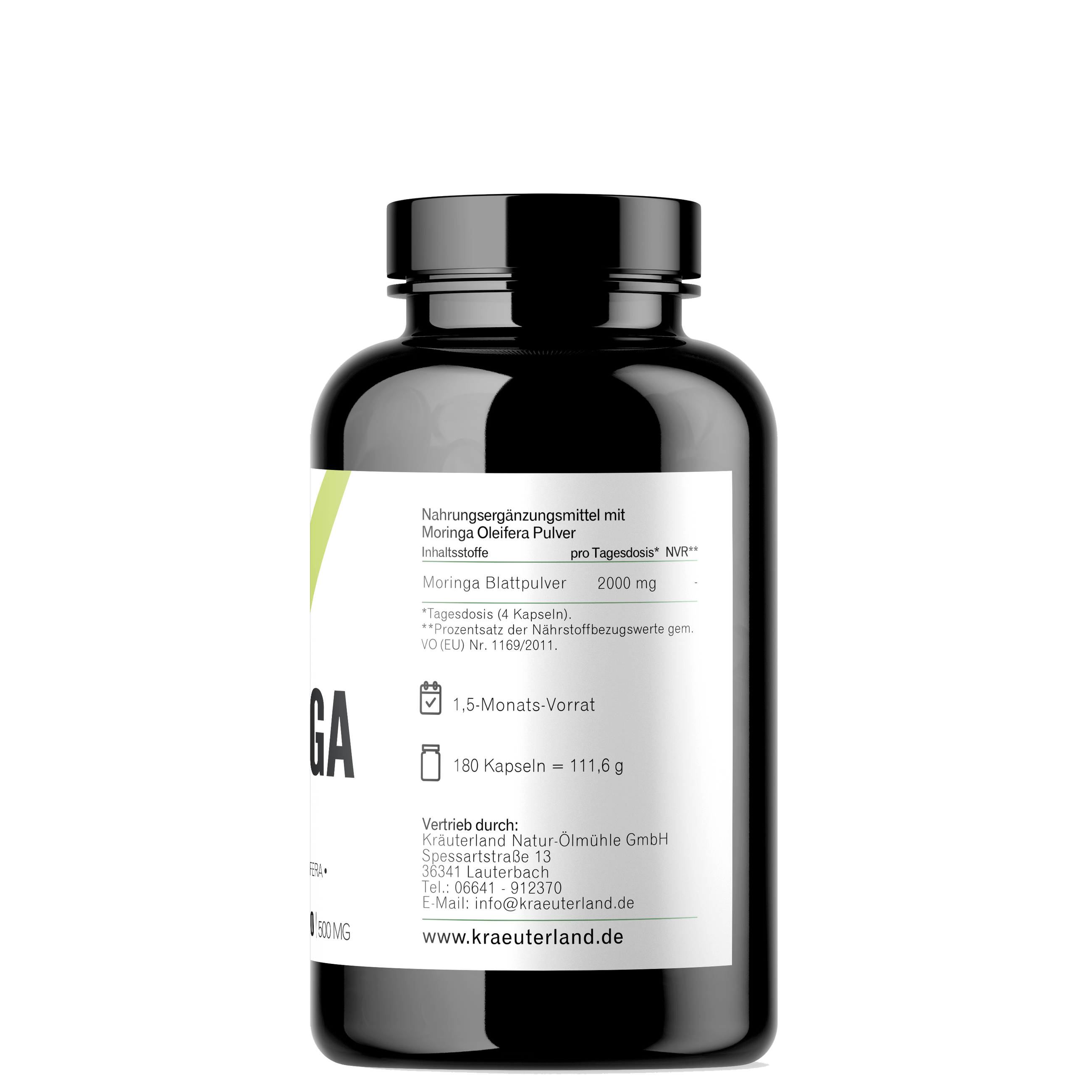 Moringa Kapseln 180 Stück Seitenansischt mit Nährwertangaben