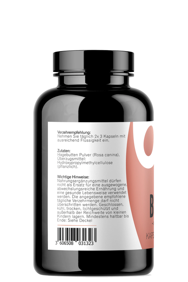 Hagebutten Kapseln 180 Stück Seitenansicht mit Zutaten