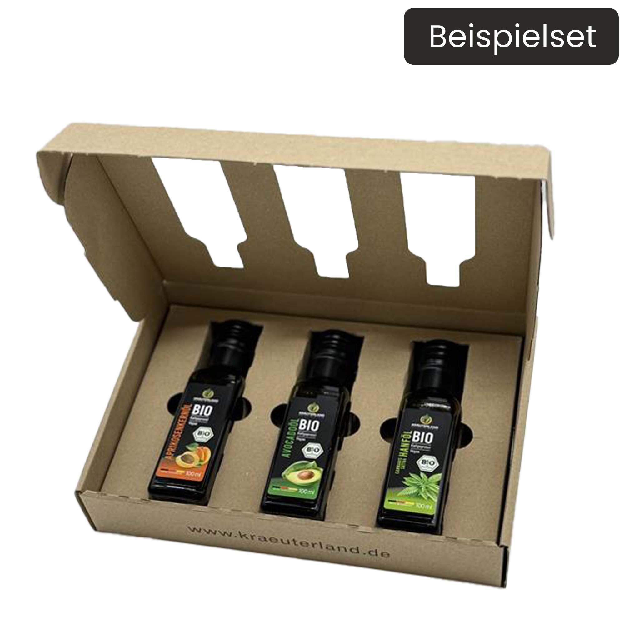 Geöffnetes 3er Beispielset Bio Speiseöle von Kräuterland mit drei 100 ml Flaschen