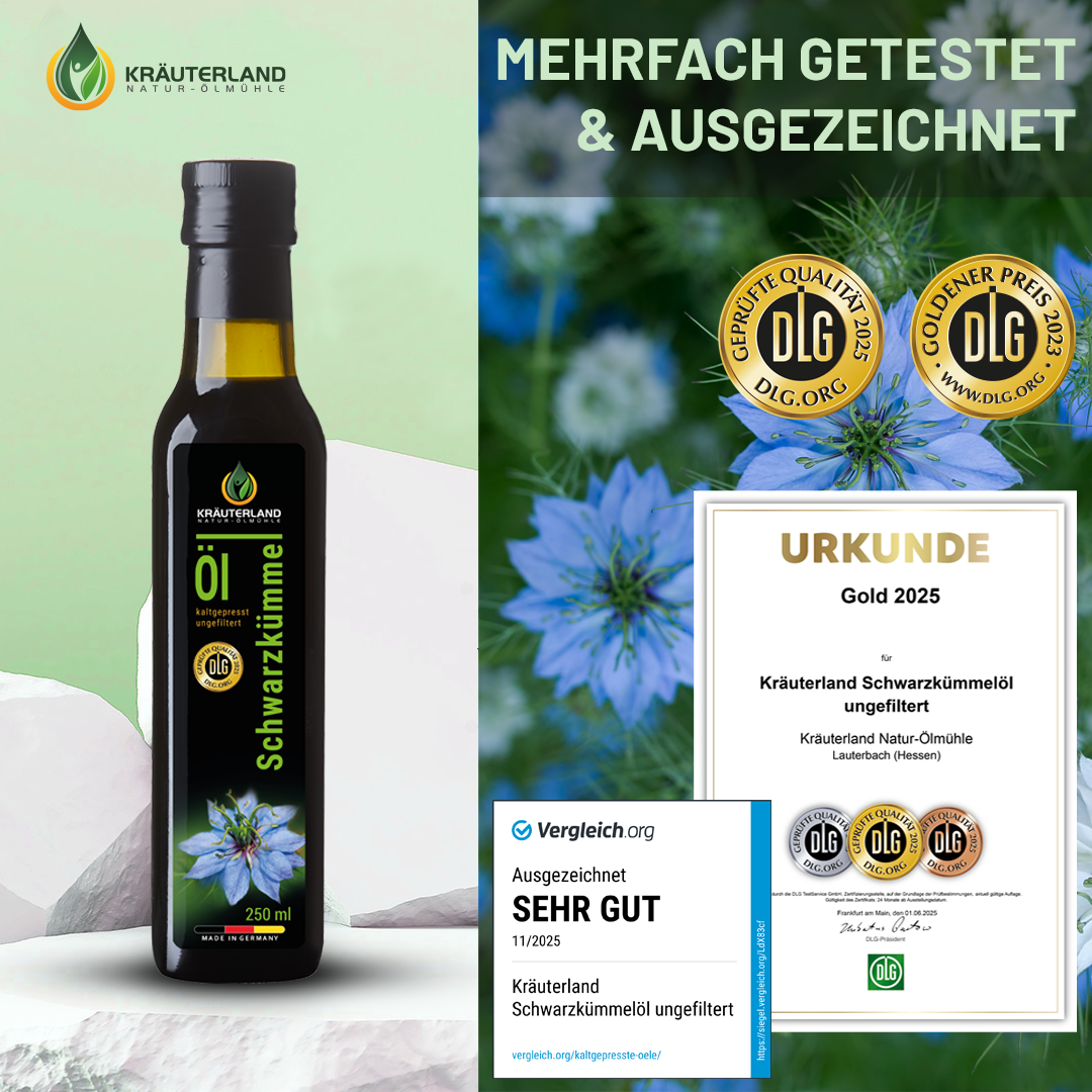 Kräuterland Schwarzkümmelöl 250 ml ungefitlert mehrfach getestet und ausgezeichnet Kräuterland Schwarzkümmelöl 250 ml ungefiltert, wurde von Vergleich.org mit „Sehr gut“ ausgezeichnet und mit einer DLG-Gold-Urkunde versehen.