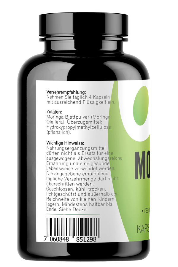 Moringa Kapseln 360 Stück Seitenansicht mit Zutaten