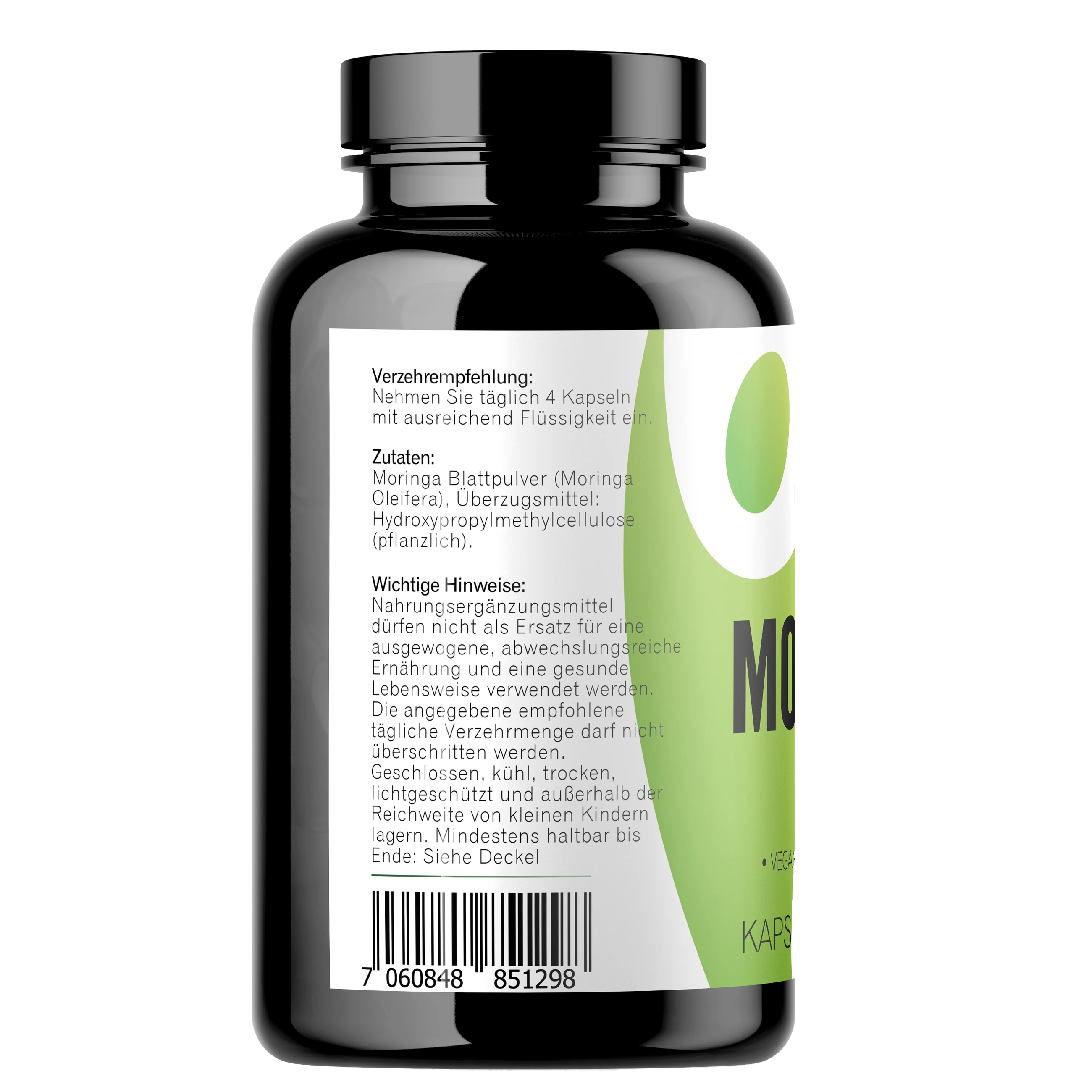 Moringa Kapseln 360 Stück Seitenansicht mit Zutaten Moringa Kapseln 360 Stück Seitenansicht mit Zutaten