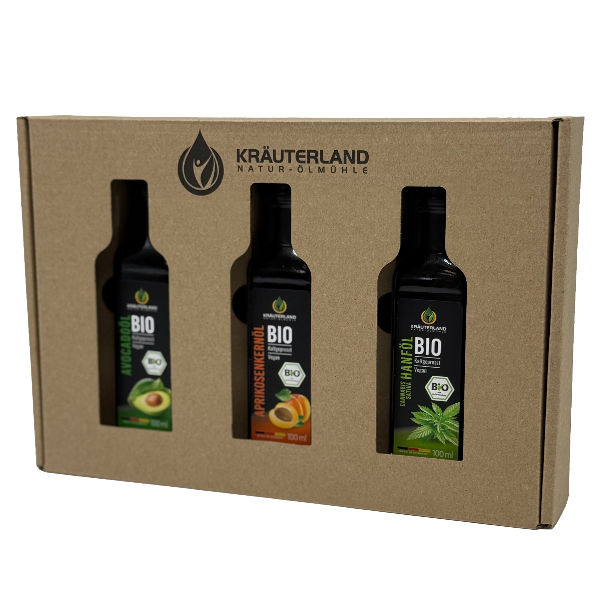 Bio Speiseöl Set 100 ml – Avocadoöl, Aprikosenkernöl und Hanföl in Geschenkbox mit Sichtfenster