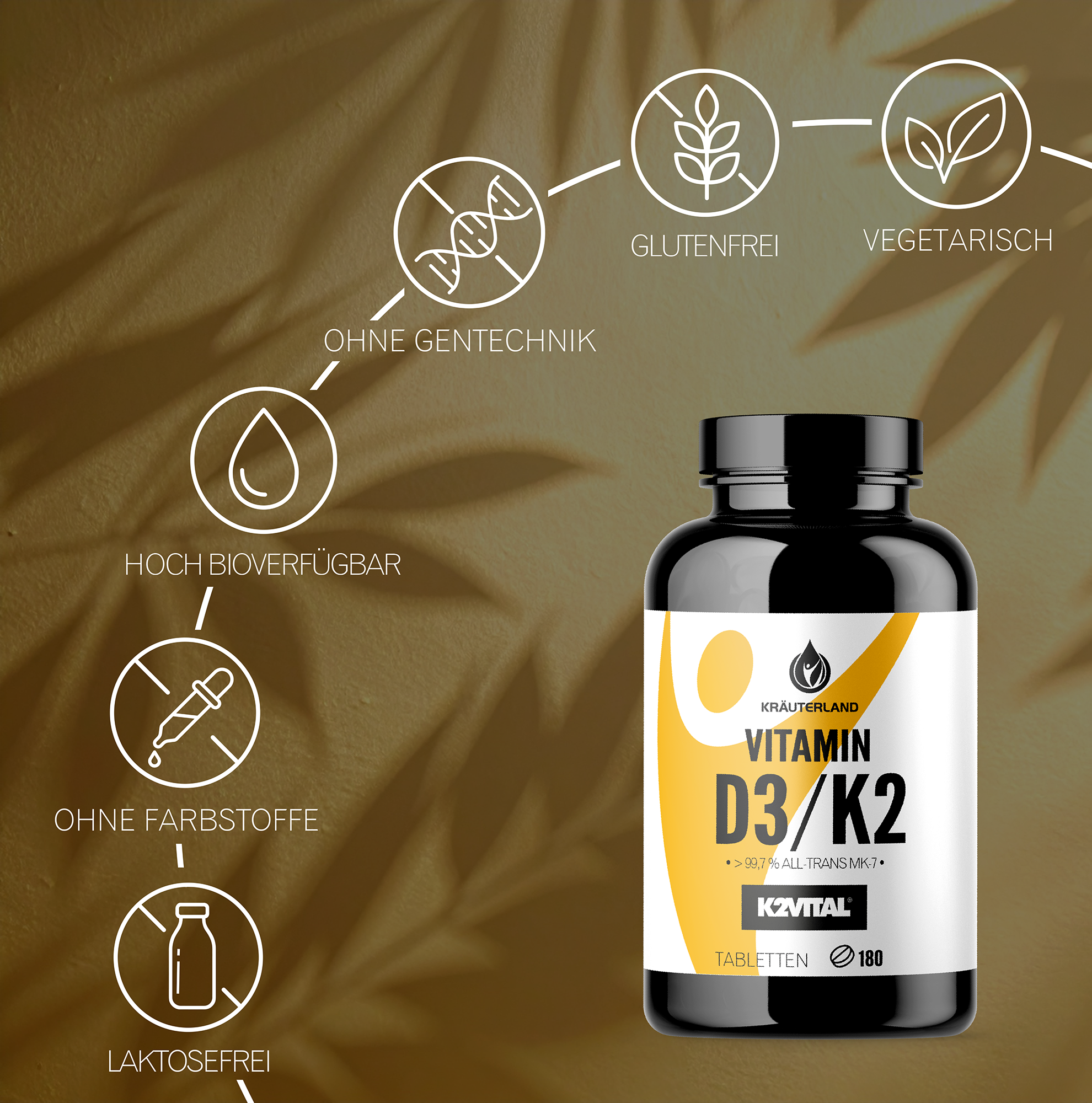 Kräuterland Vitamin D3 + K2 – Vegetarisch, laktosefrei & ohne Gentechnik Eigenschaften der Kräuterland Vitamin D3 + K2 Tabletten: hoch bioverfügbar, ohne Gentechnik, glutenfrei, laktosefrei, vegetarisch.