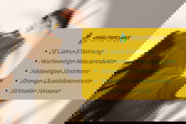 Kräuterland Vertrauensmotiv mit Frau bei der Einnahme von Tropfen und hervorgehobenen Qualitätsvorteilen