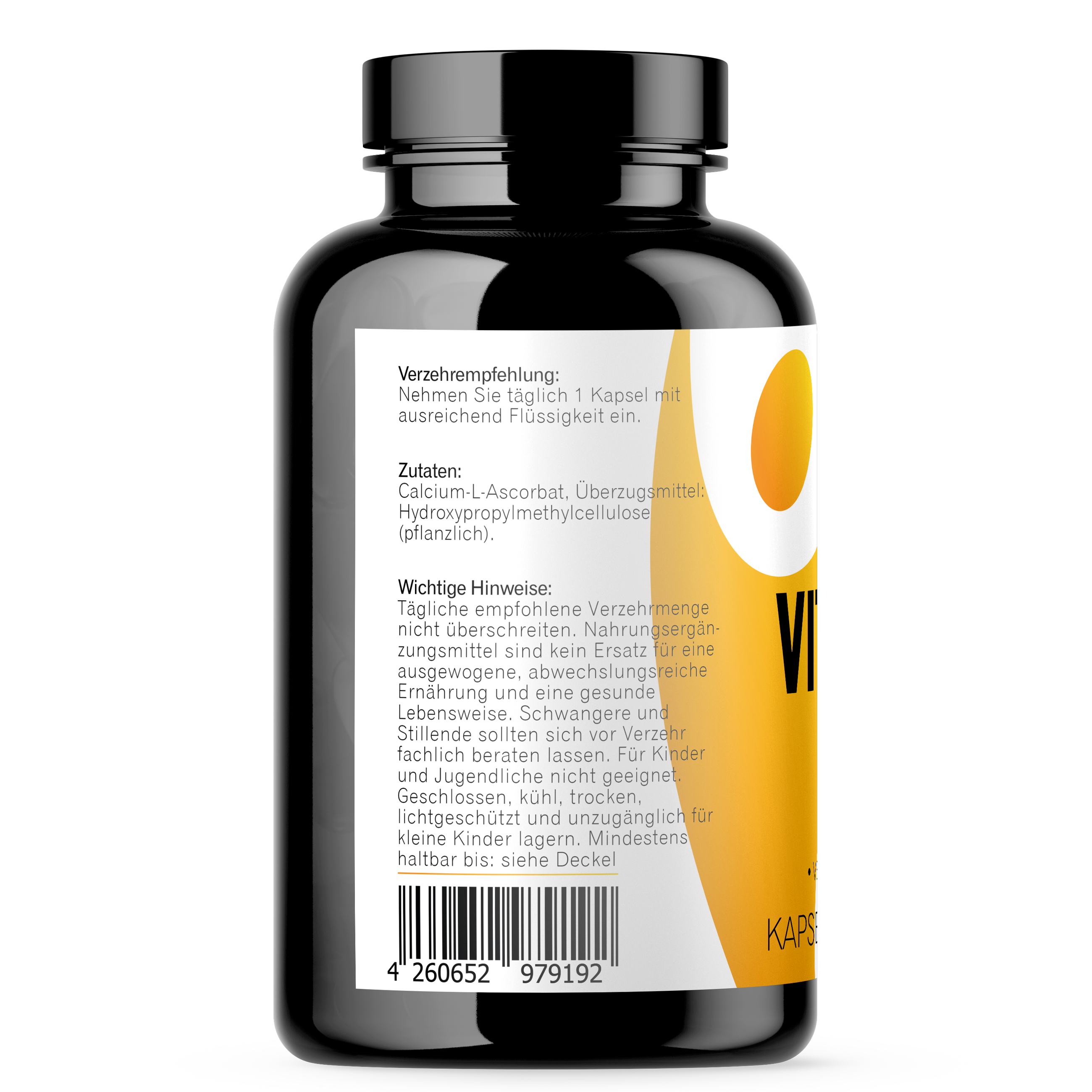 Vitamin C Kapseln von Kräuterland Seitenansicht mit Zutaten und Verzehrempfehlung