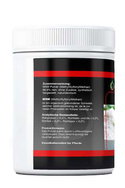 Seitenansicht von MSM Pulver für Pferde 1 kg mit Angaben der Zutaten
