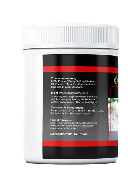 Seitenansicht von MSM Pulver für Pferde 1 kg mit Angaben der Zutaten Seitenansicht von MSM Pulver für Pferde 1 kg mit Angaben der Zutaten