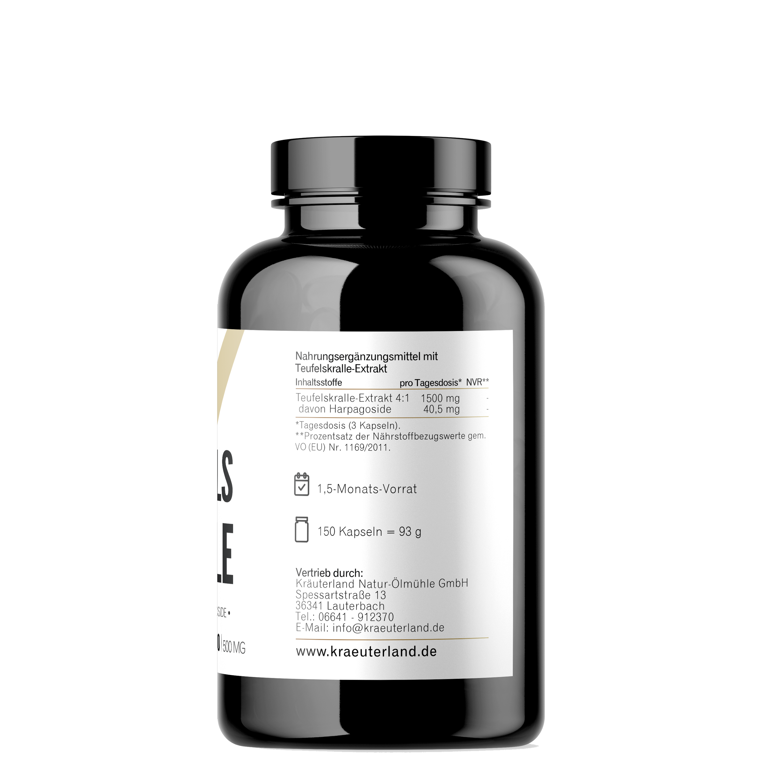 Teufelskralle Kapseln 150 Stück Seitenansicht mit Nährwertangaben