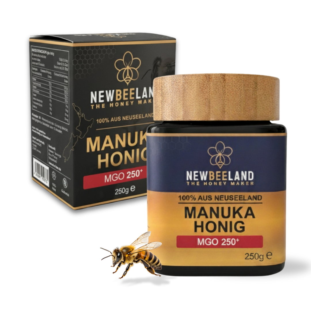 NewBeeLand Manuka Honig MGO 250+ – Premium Honigglas mit Verpackung Manuka Honig MGO 250+ Glas mit Bambusdeckel und schwarzer Verpackung von NewBeeLand, 250 g, 100 % aus Neuseeland, mit abgebildeter Honigbiene.
