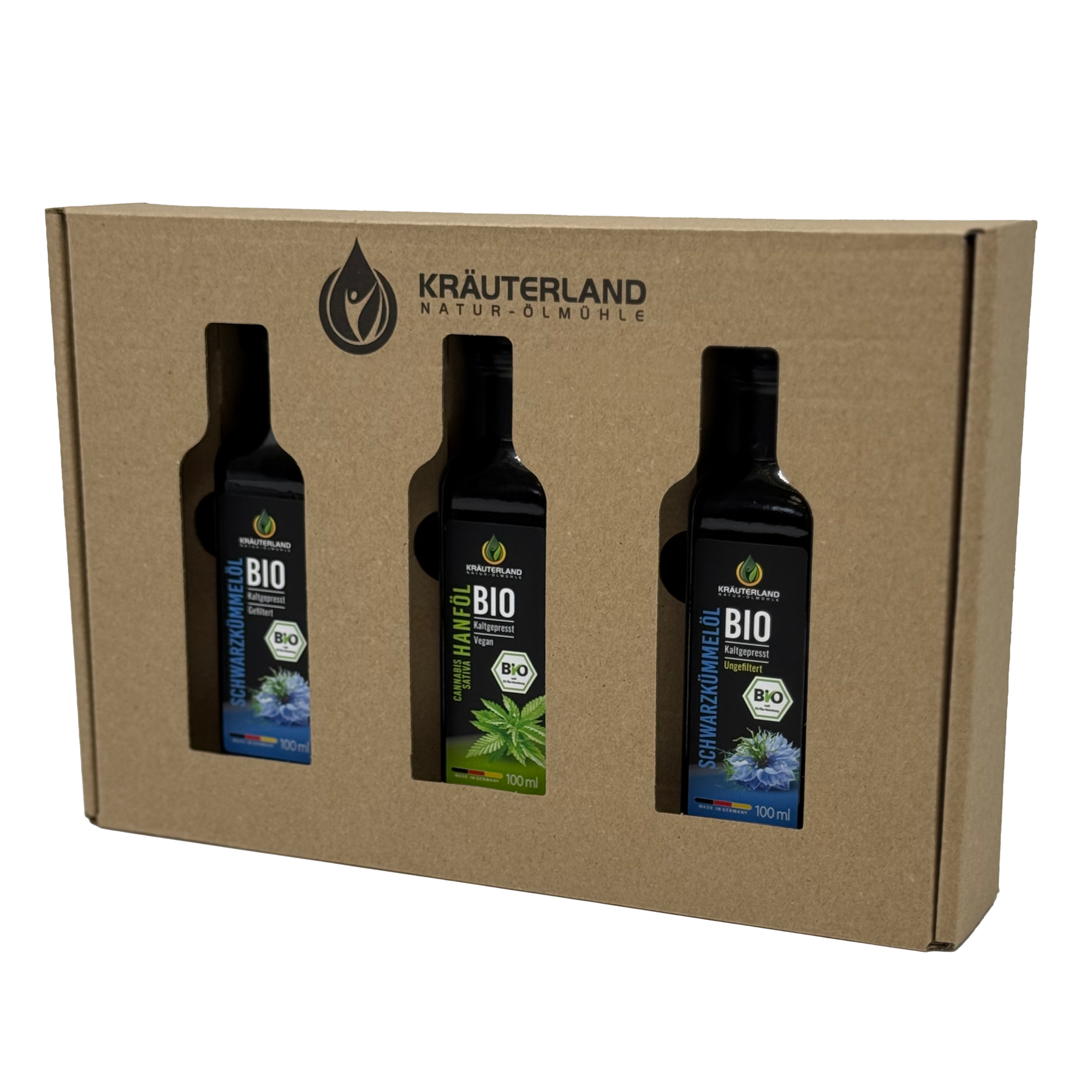 Bio Speiseöl Set 100 ml – Schwarzkümmelöl und Hanföl in Geschenkbox mit Sichtfenster