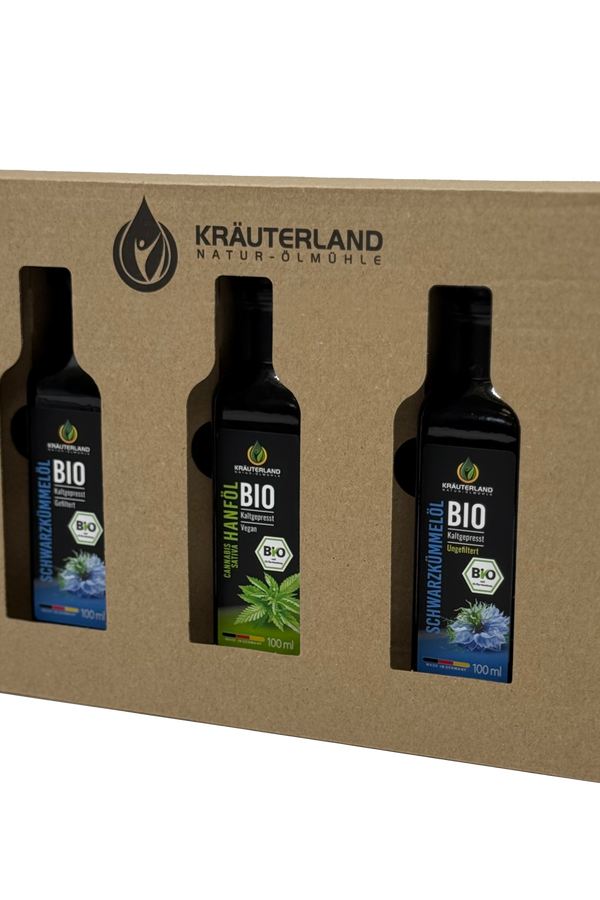 Bio Speiseöl Set 100 ml – Schwarzkümmelöl und Hanföl in Geschenkbox mit Sichtfenster