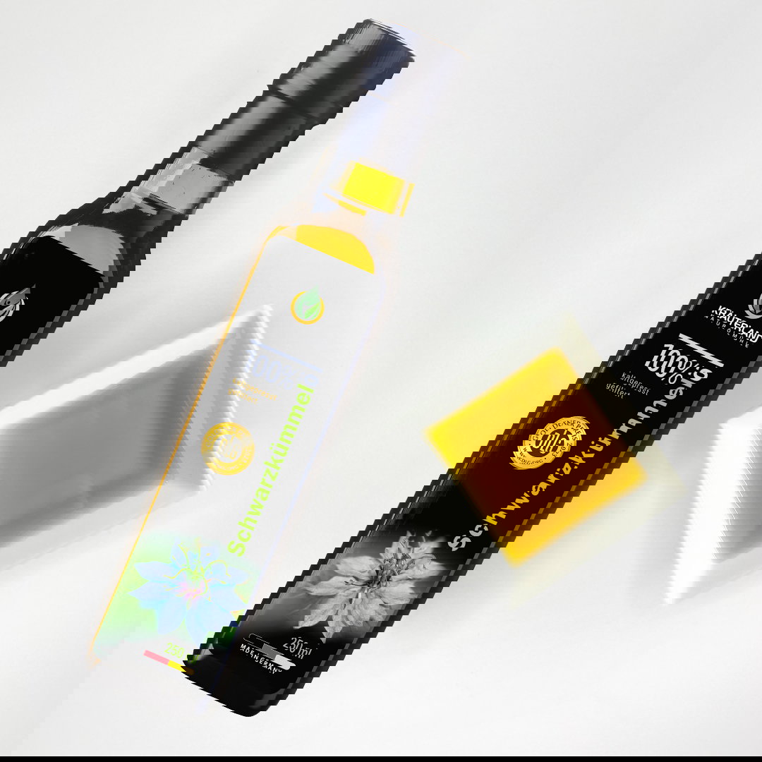 Schwarzkümmelöl 250 ml gefiltert – kaltgepresst mit Schale Öl in Schale