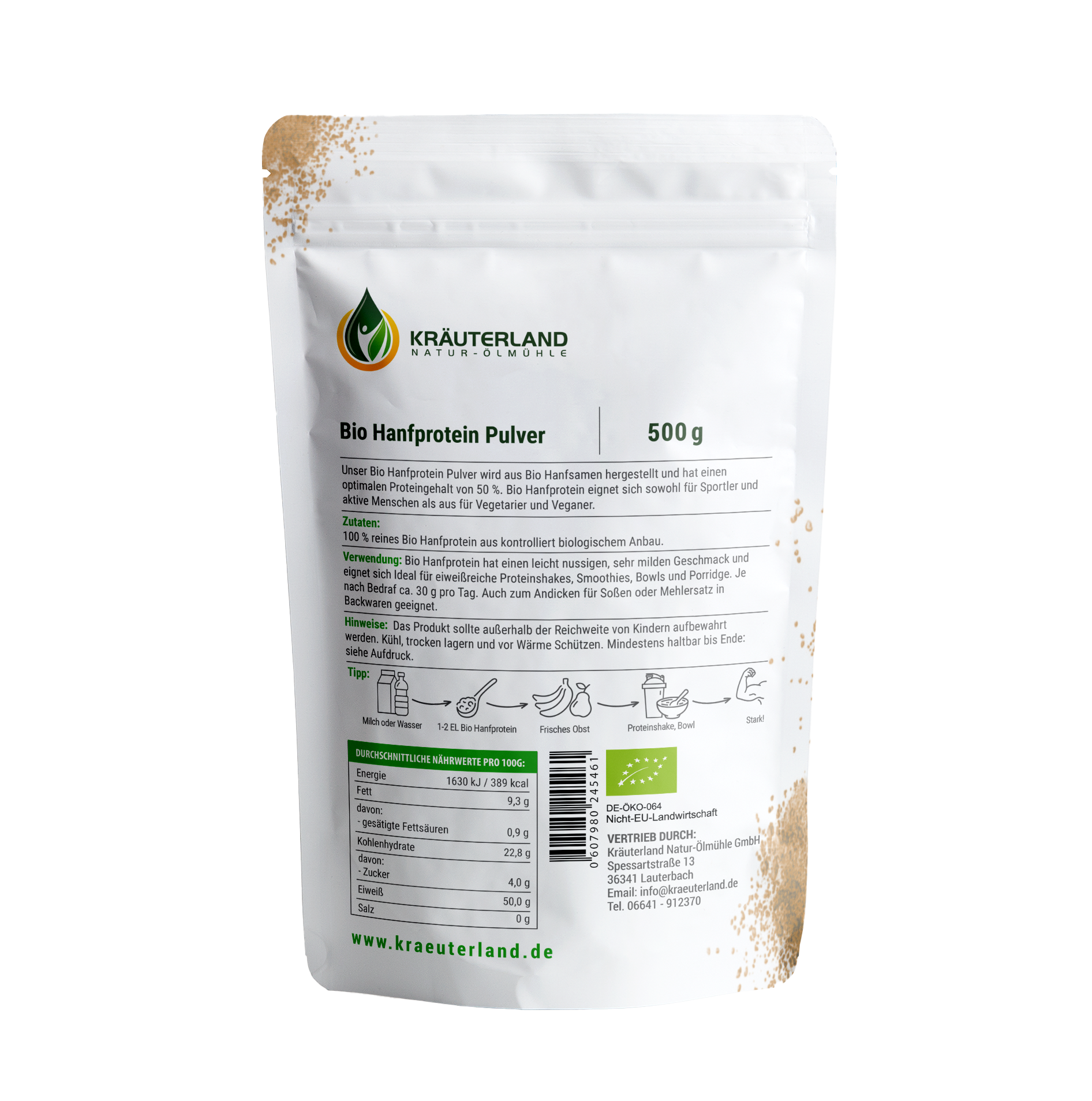 Bio Hanfprotein 500g mit Rückseite Bio Hanfprotein 500g mit Rückseite