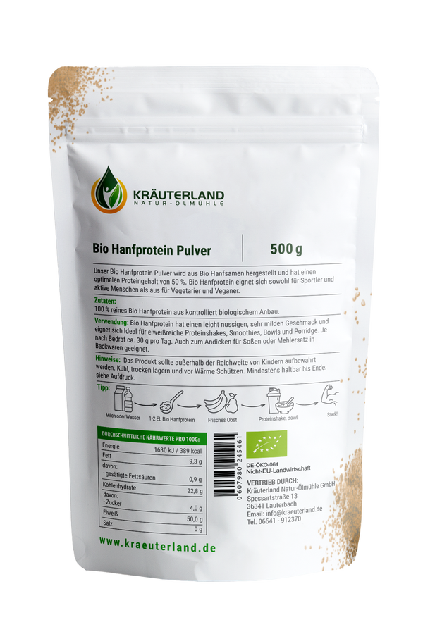 Bio Hanfprotein 500g mit Rückseite Bio Hanfprotein 500g mit Rückseite