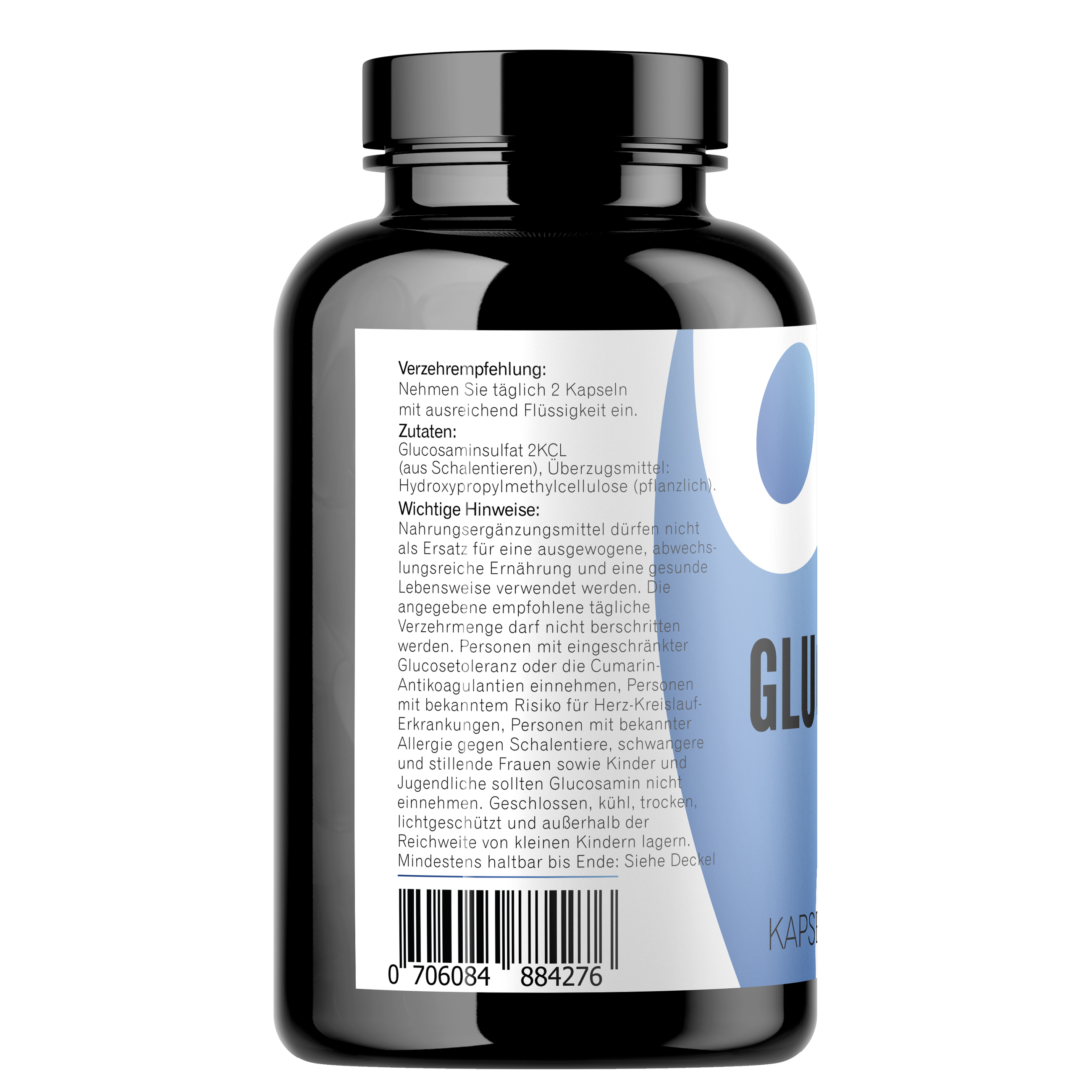 Glucosamin Kapseln 300 Stück Seitenansicht mit Zutaten Glucosamin Kapseln 300 Stück Seitenansicht mit Zutaten