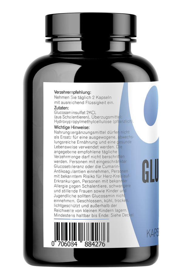 Glucosamin Kapseln 300 Stück Seitenansicht mit Zutaten Glucosamin Kapseln 300 Stück Seitenansicht mit Zutaten