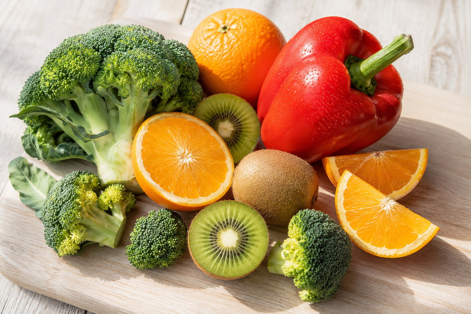 Brokkoli, Orange, Kiwi und rote Paprika als Beispiele für Vitamin-C-Lebensmittel