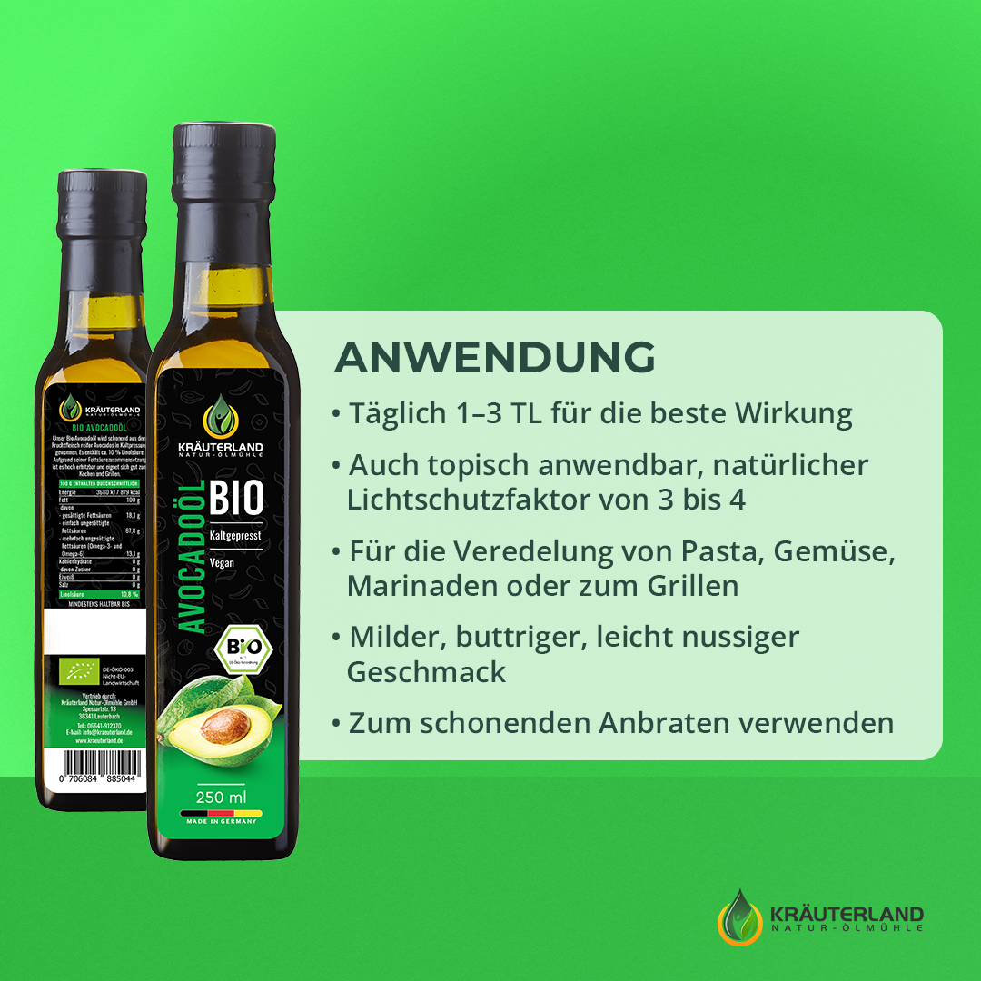 bio-avocadooel-verzehrempfehlung Anwendungstipps für Kräuterland Bio Avocadoöl – ideal für Hautpflege, Pasta, Gemüse und Grillgerichte