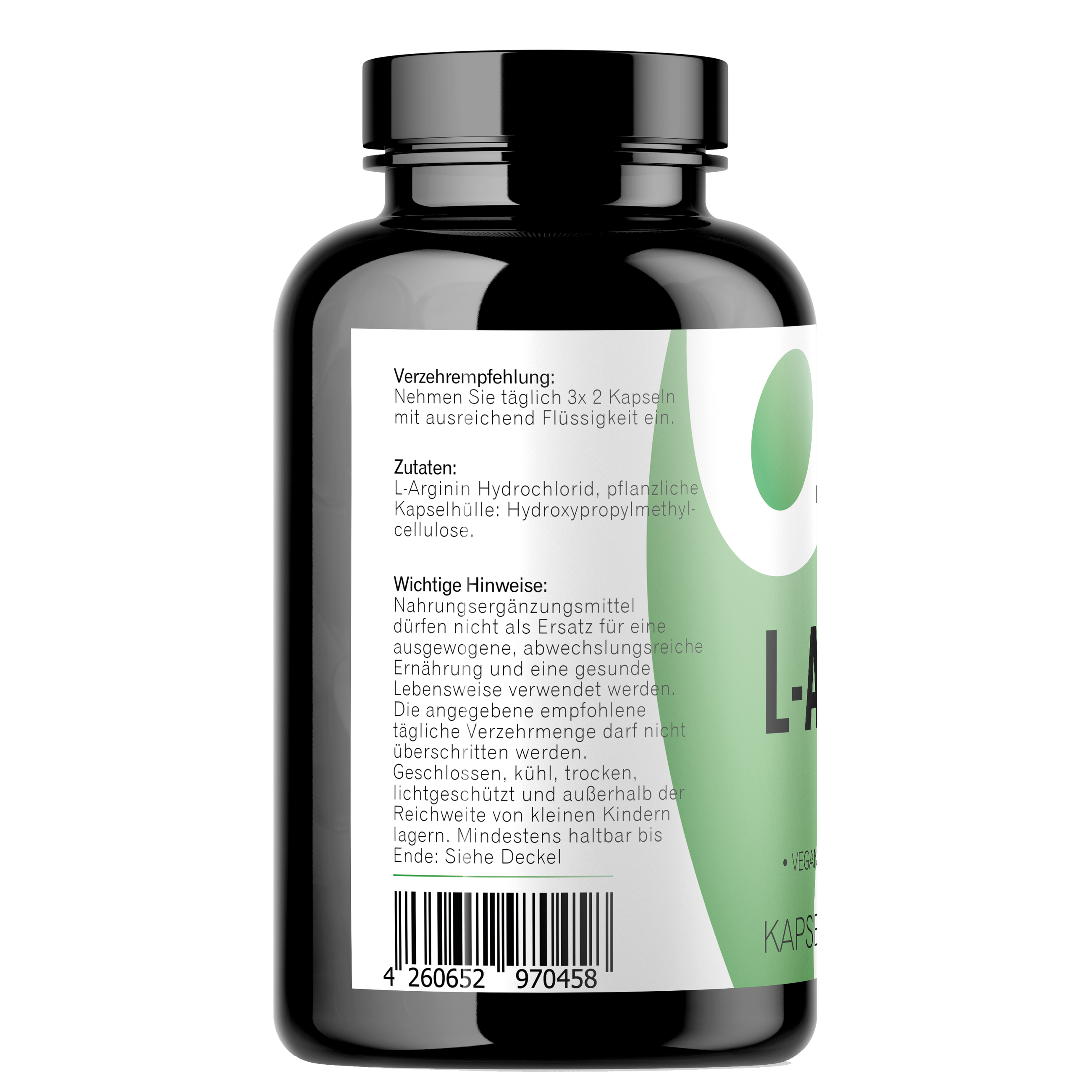 L-Arginin Kapseln 360 Stück Seitenansischt mit Zutaten