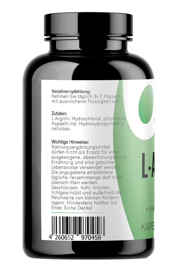 L-Arginin Kapseln 360 Stück Seitenansischt mit Zutaten L-Arginin Kapseln 360 Stück Seitenansischt mit Zutaten
