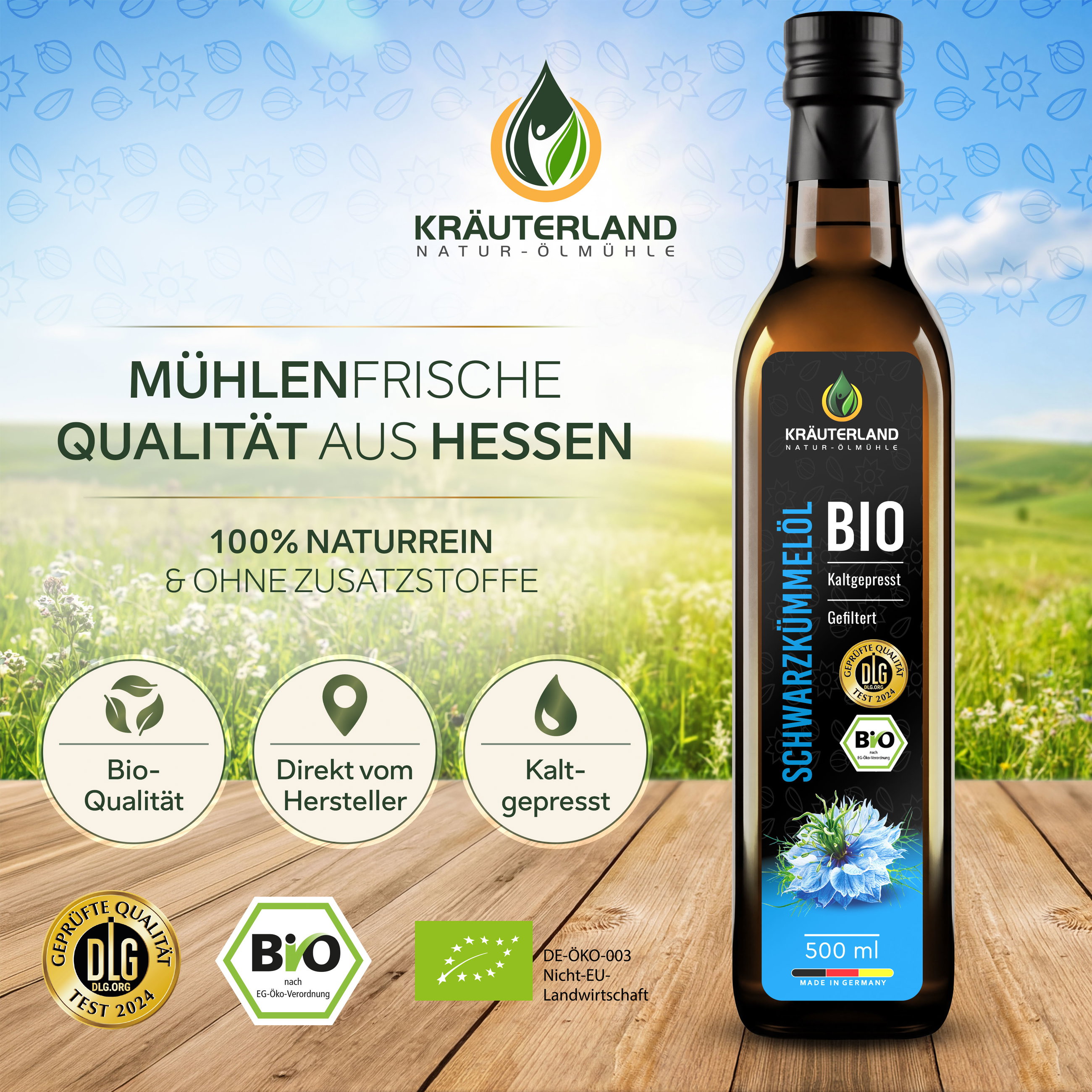 Kräuterland Bio Schwarzkümmelöl gefiltert 500 ml Kräuterland Bio Schwarzkümmelöl gefiltert 500 ml in mühlenfrischer Qualität aus Hessen, naturrein und ohne Zusatzstoffe