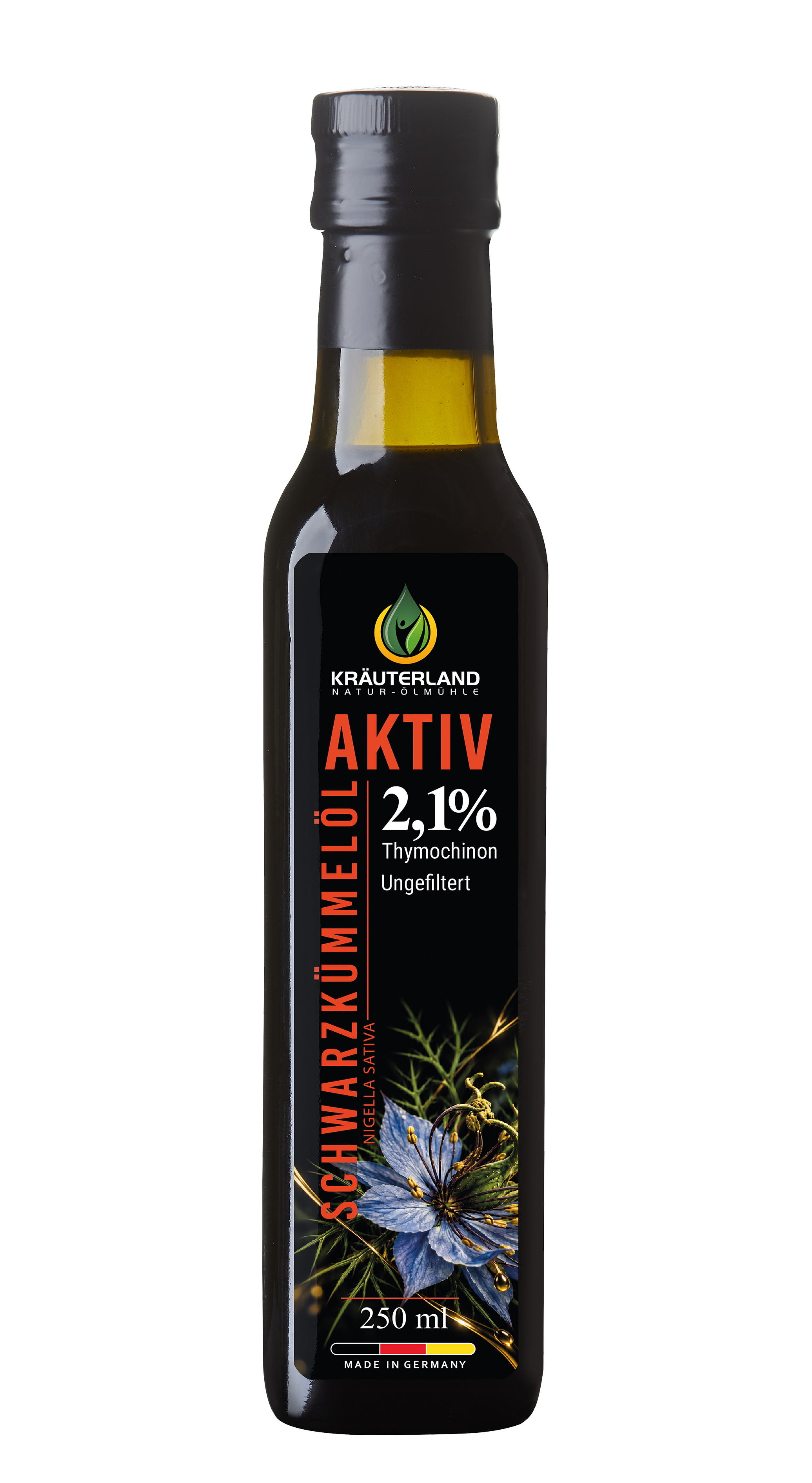 Kräuterland Schwarzkümmelöl Aktiv 250 ml – 2,1 % Thymochinon Kräuterland Schwarzkümmelöl Aktiv 250 ml ungefiltert mit 2,1 % Thymochinon, kaltgepresst in Deutschland