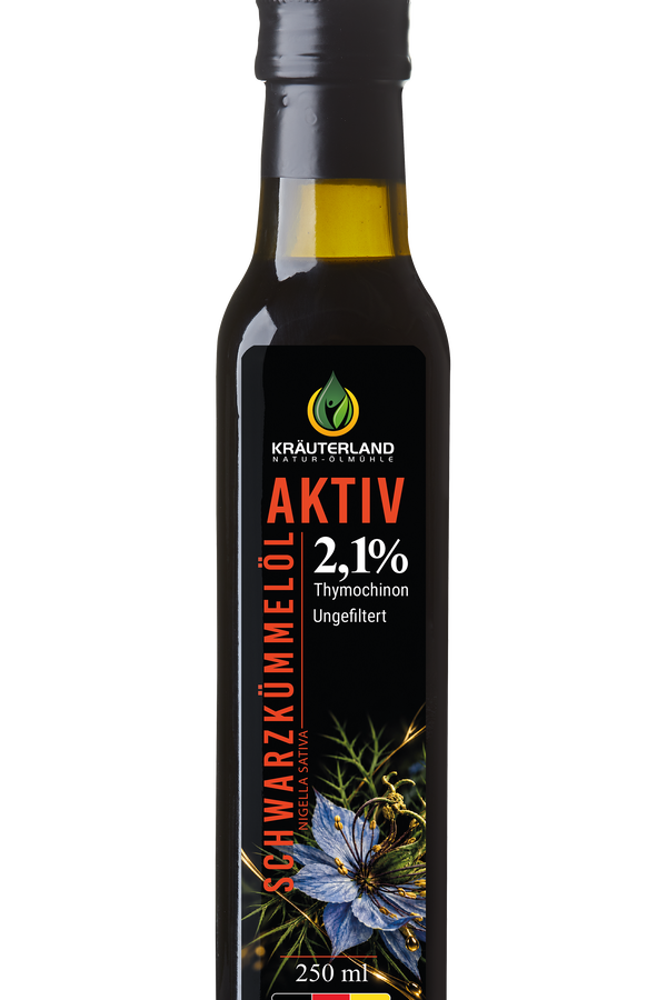 Kräuterland Schwarzkümmelöl Aktiv 250 ml – 2,1 % Thymochinon Kräuterland Schwarzkümmelöl Aktiv 250 ml ungefiltert mit 2,1 % Thymochinon, kaltgepresst in Deutschland