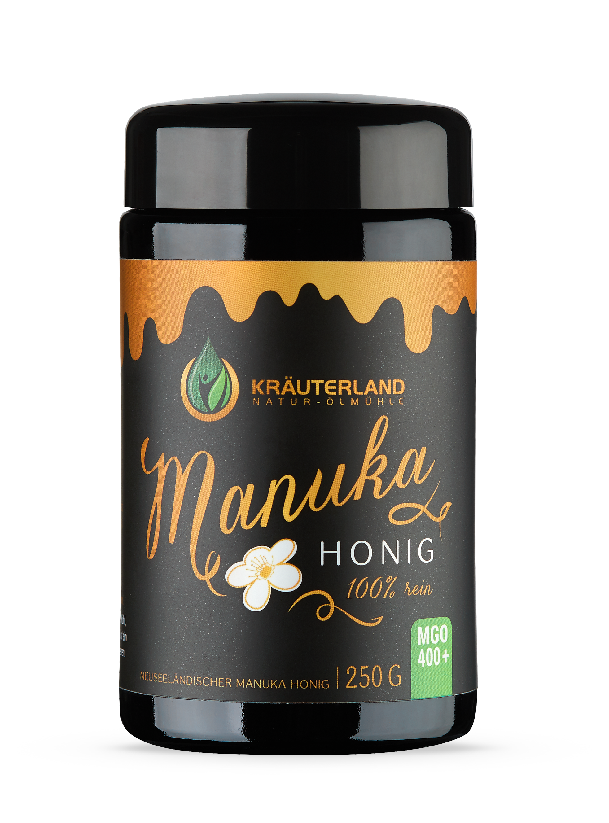 Kräuterland Manuka Honig MGO 400+, 100 % reiner neuseeländischer Honig im 250 g Glas – naturbelassen, cremig und aromatisch.