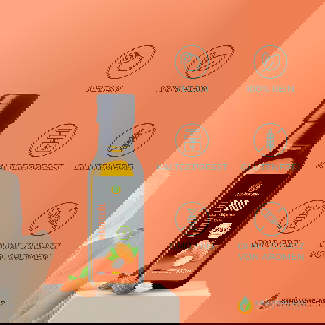 Bio Mandelöl von Kräuterland mit Icons für vegan rein kaltgepresst glutenfrei gentechnikfrei und ohne Aromazusatz