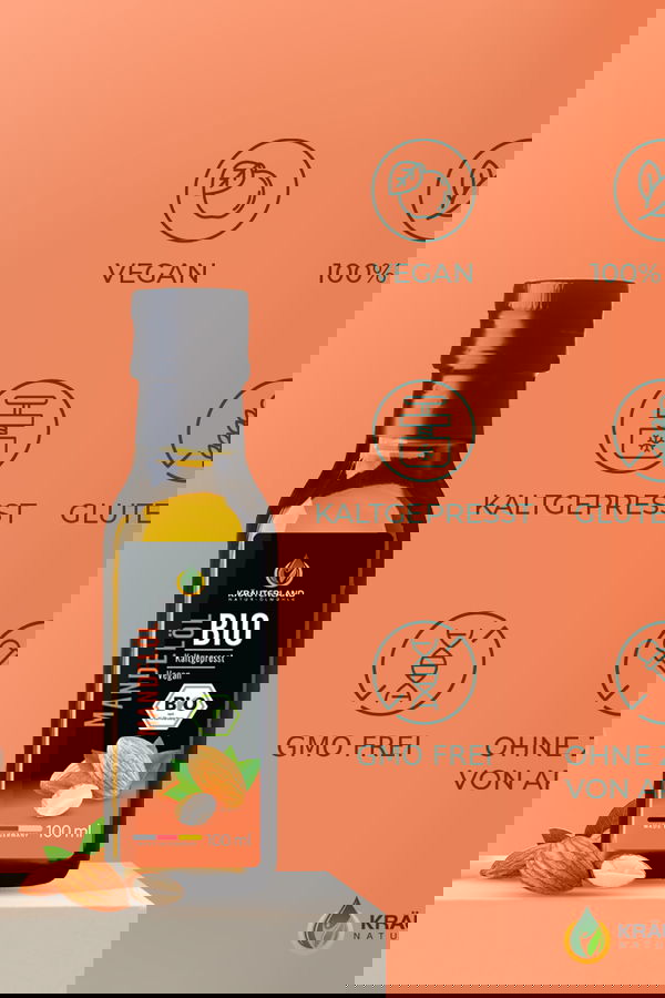 Bio Mandelöl von Kräuterland mit Icons für vegan rein kaltgepresst glutenfrei gentechnikfrei und ohne Aromazusatz