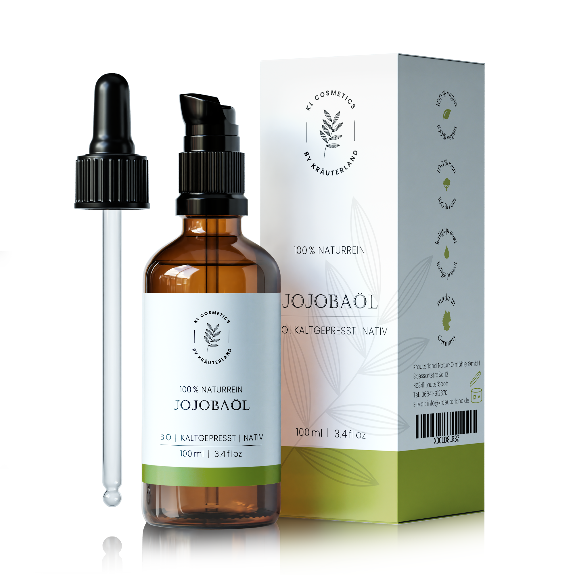Jojoba Hautöl Pipette und Produktschachtel Jojoba Hautöl Pipette und Produktschachtel
