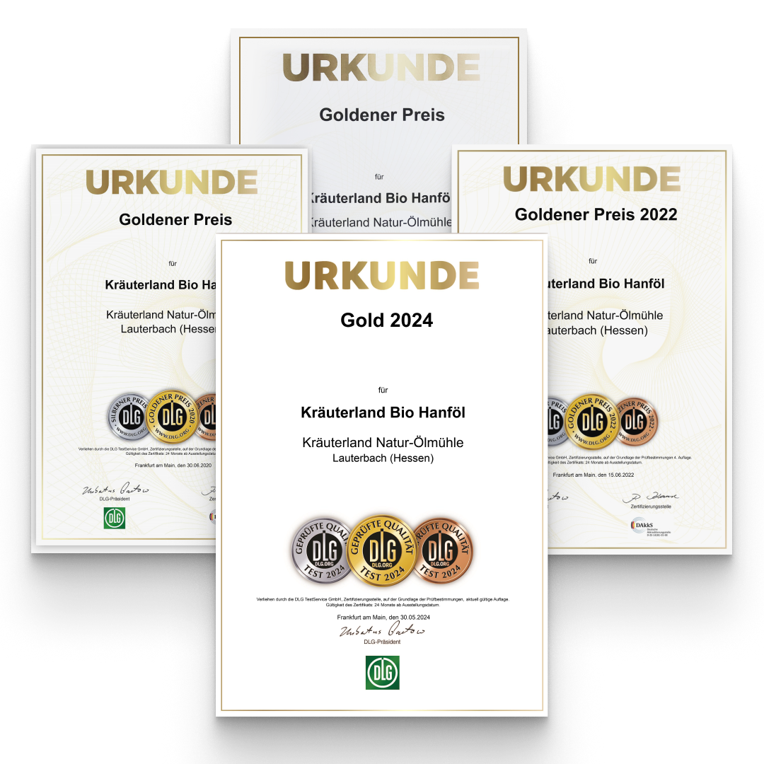 Kräuterland Bio Hanföl DLG-Gold Auszeichnung Kräuterland Bio Hanföl DLG-Gold Auszeichnung