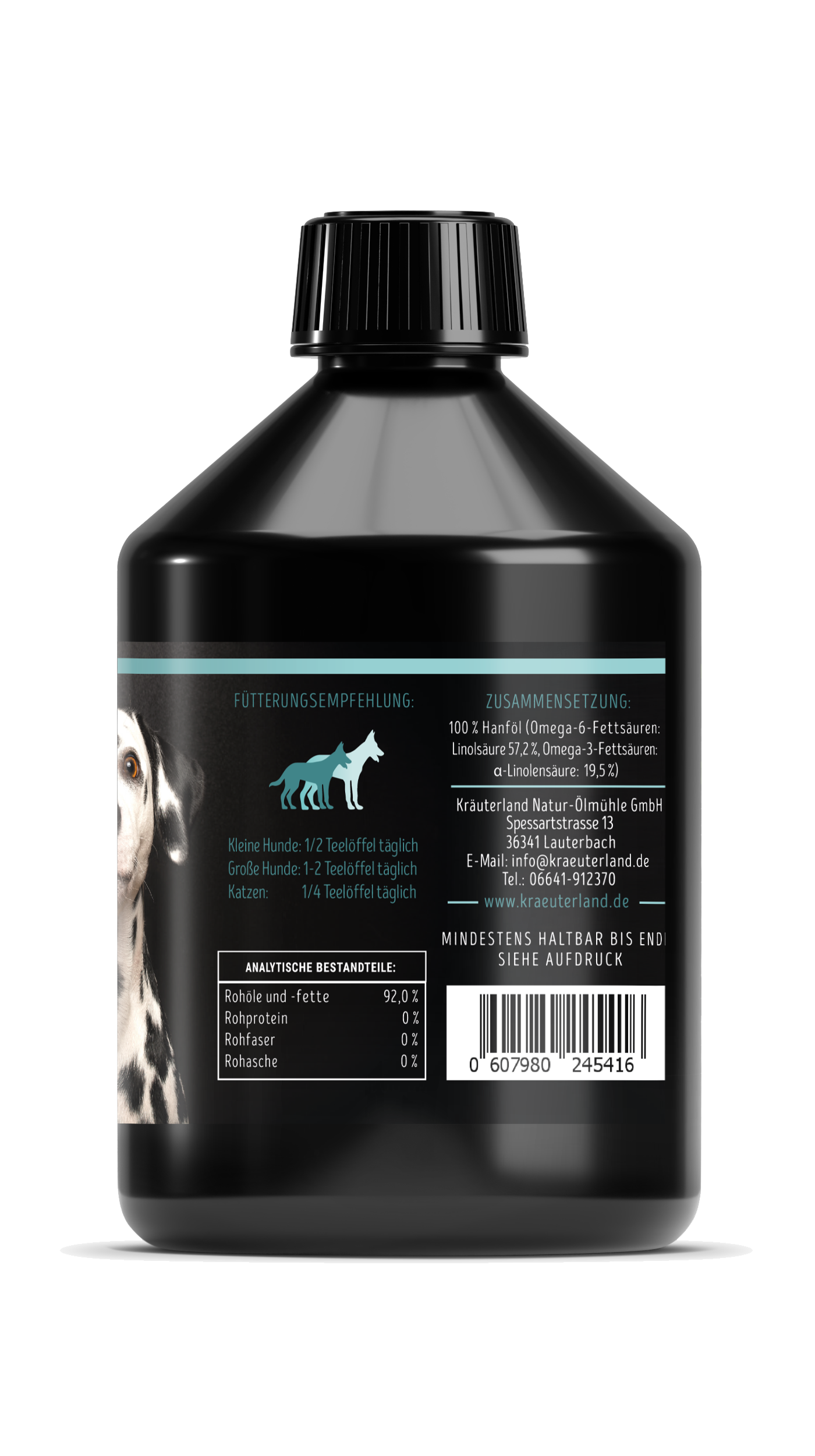 Hanföl für Hunde 500 ml Seitenansicht Analytische Bestandteile Hanföl für Hunde 500 ml Seitenansicht Analytische Bestandteile